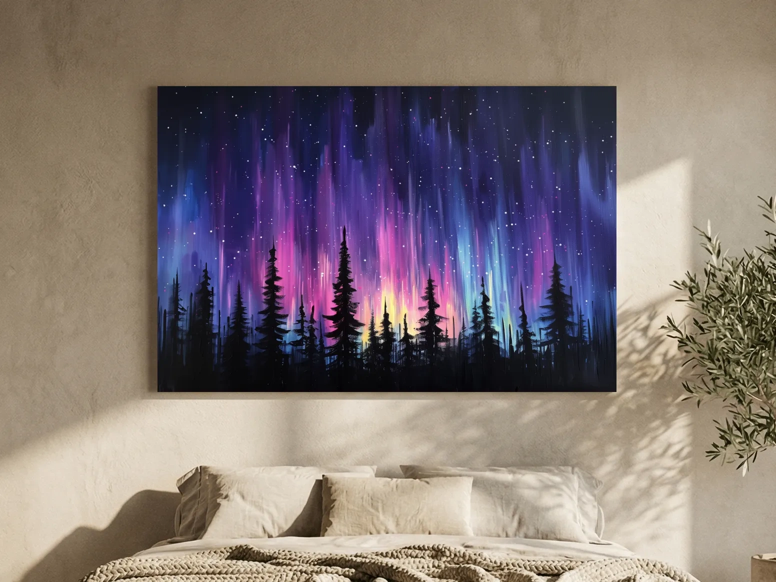 Vibrant Purple Northern Lights & Silhouetted Pine Forest - Aurora Borealis Painting Wall Art