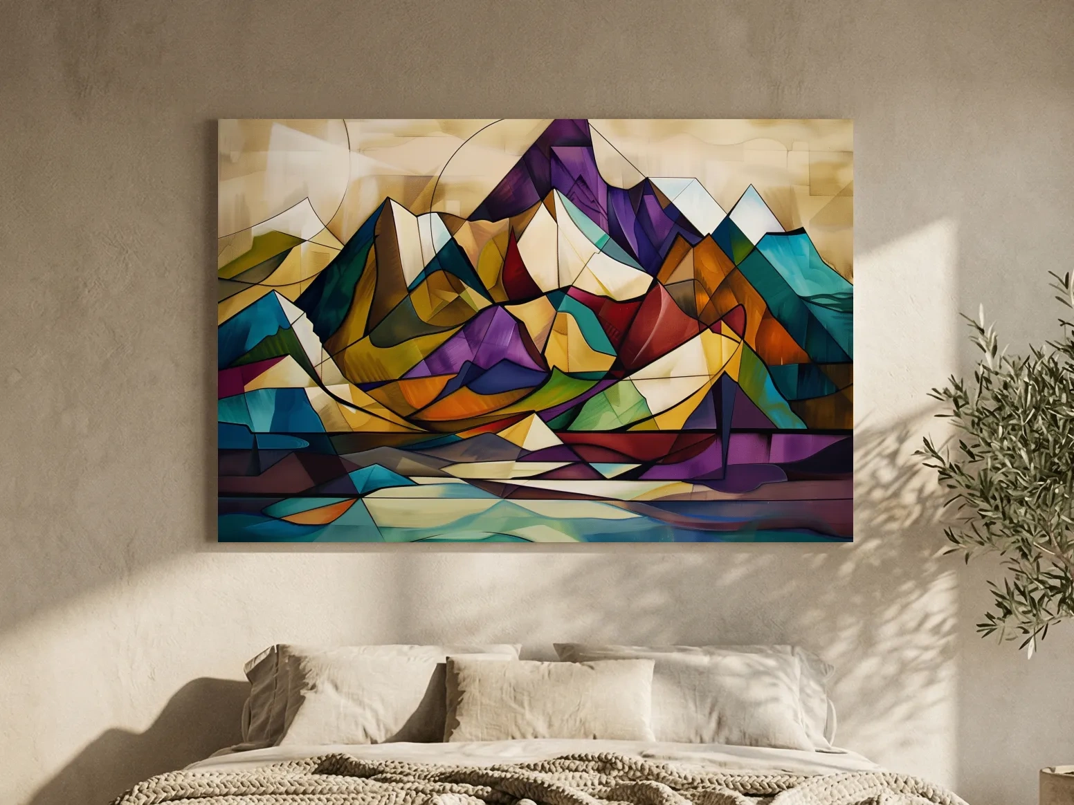 Abstract colorful mountain art, mixed media leadlight style painting