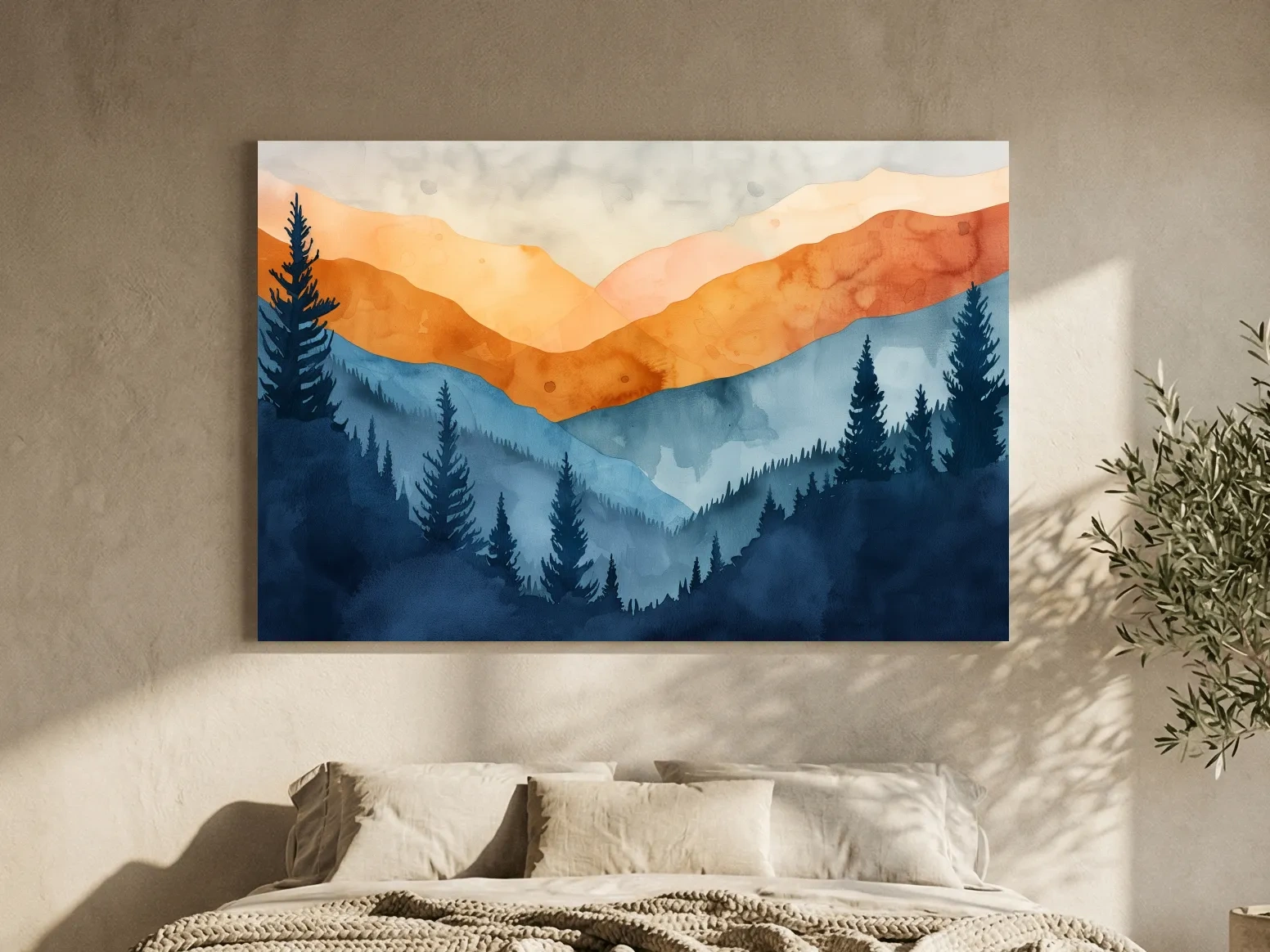 Moody Watercolor Mountain Range Silhouette - Pine Forest Painting Wall Art