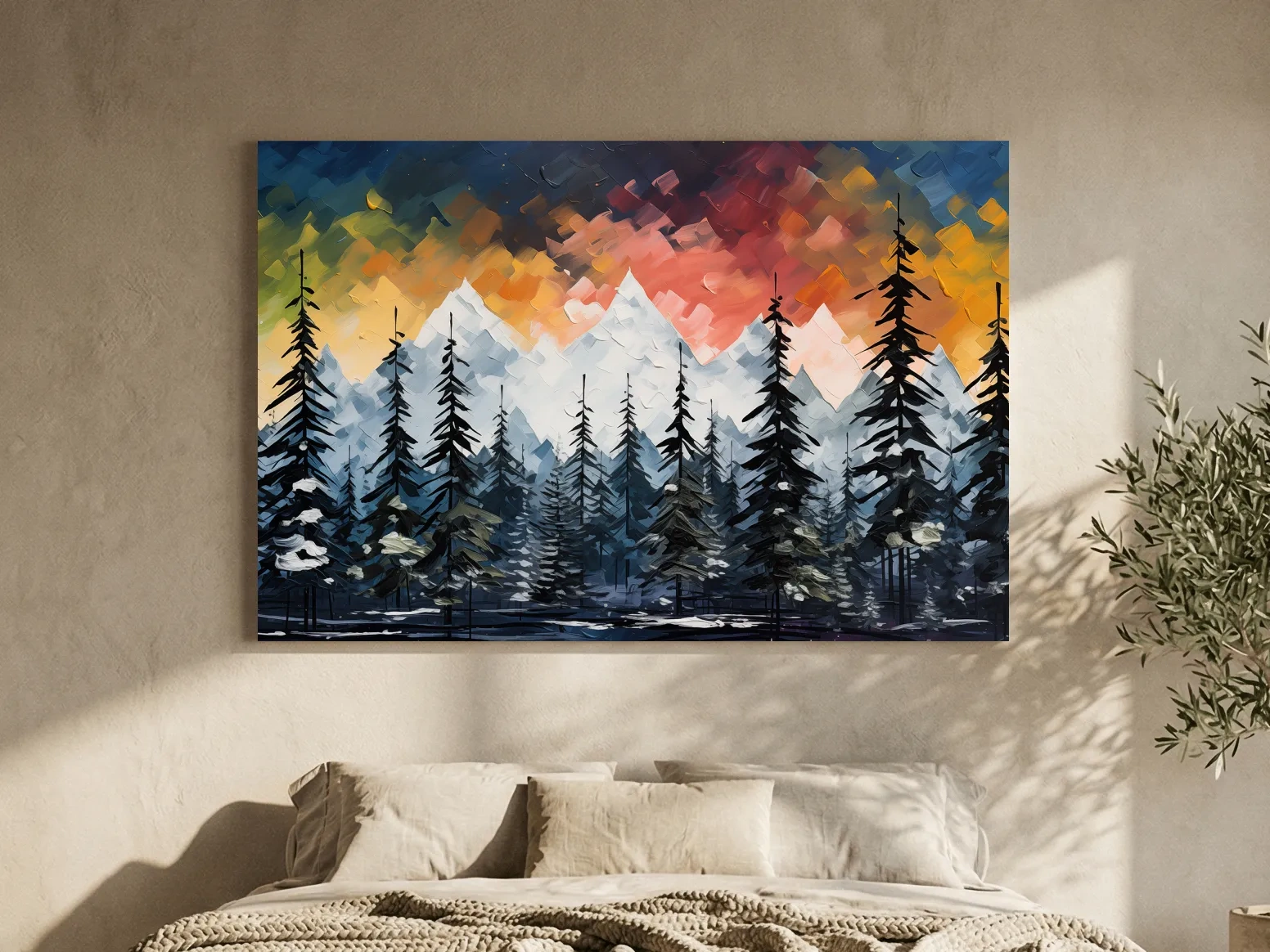 Moody Alpine Mountain Sunset With Pine Forest - Palette Knife Painting Style Landscape Art