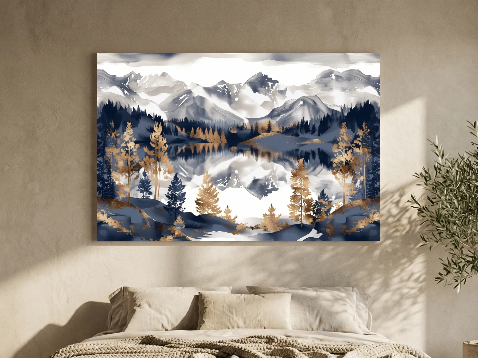 Gold Leaf Style Watercolor Alpine Lake Reflection - Mountain Landscape Artwork
