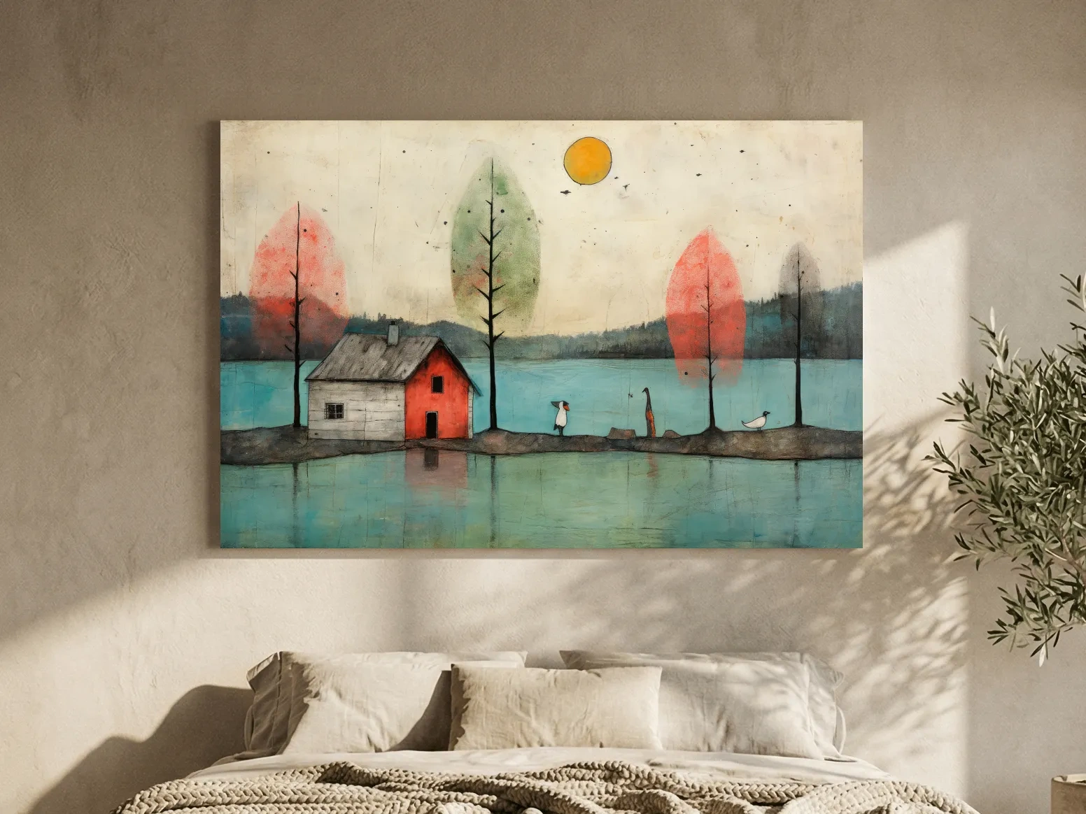 Whimsical Lakeside Cabin Illustration - Rustic Folk Landscape Wall Art