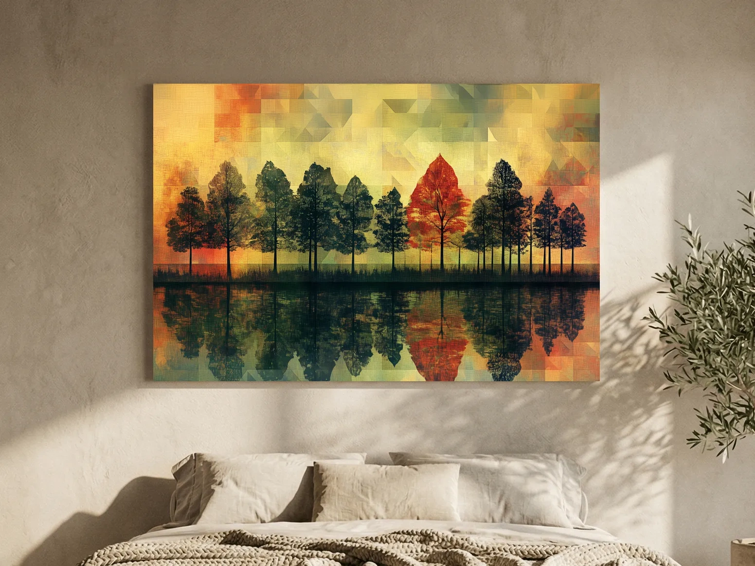 Abstract Geometric Autumn Forest Reflection - Modern Mosaic Landscape Artwork