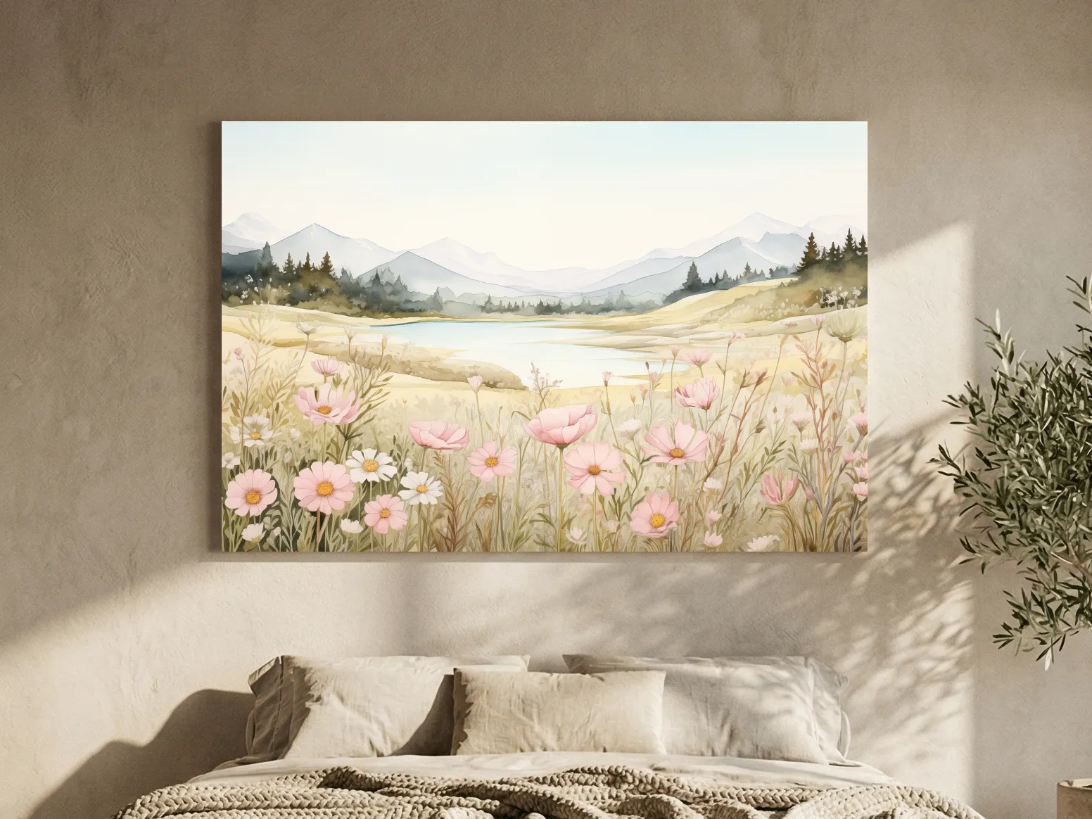 Soft Watercolor Wildflower Meadow Landscape - Serene Pastel Alpine Wall Art