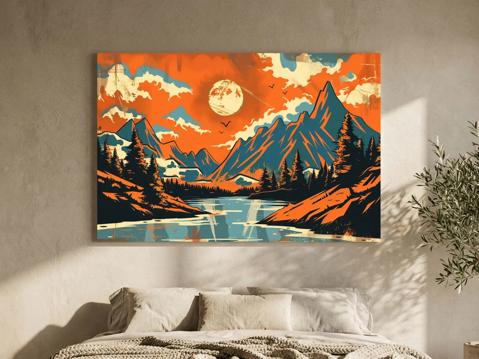 Vibrant Retro Mountain Lake Sunset Illustration - Bold Vector Landscape Wall Art