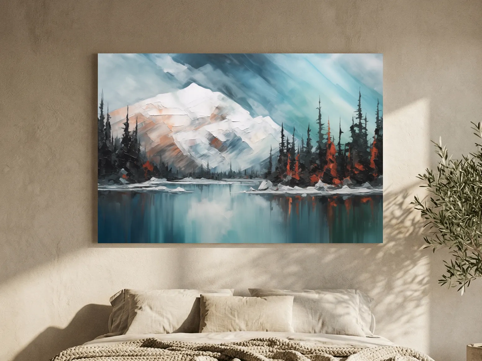 Oil painting of a snowy mountain and lake