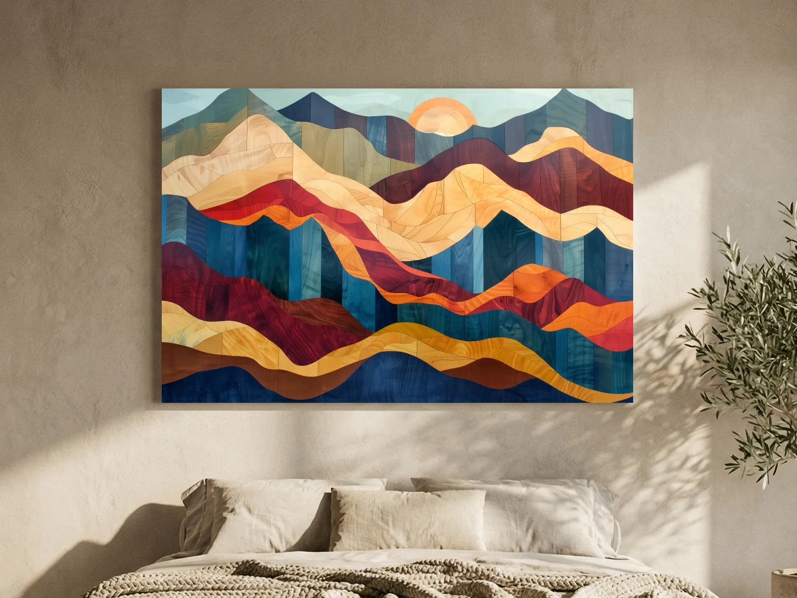 Layered Abstract Mountain Sunset Woodgrain - Mid Century Modern Wall Art
