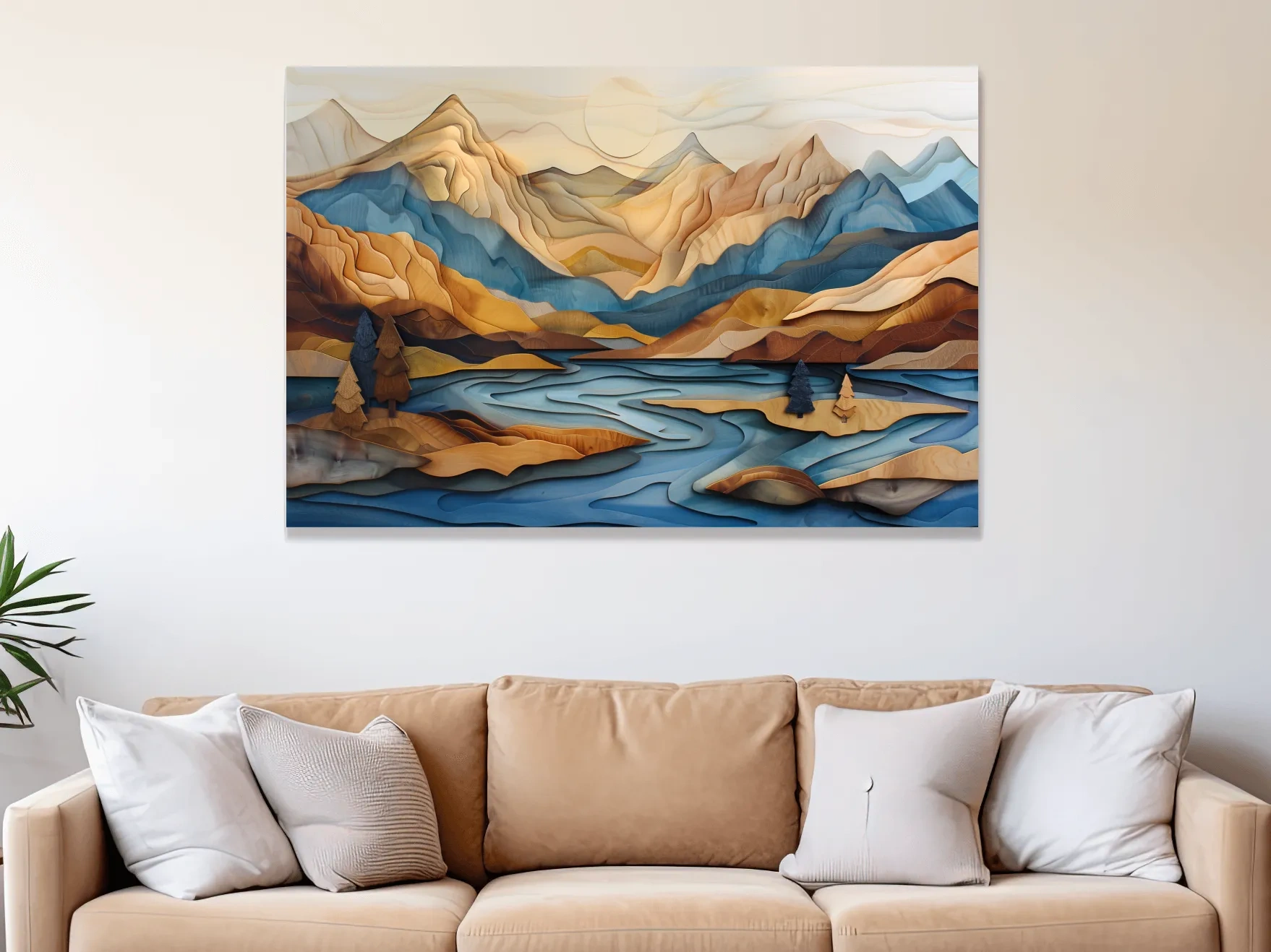 Wood Intarsia Style Alpine Mountain Lake Landscape - Modern Abstract Wall Art