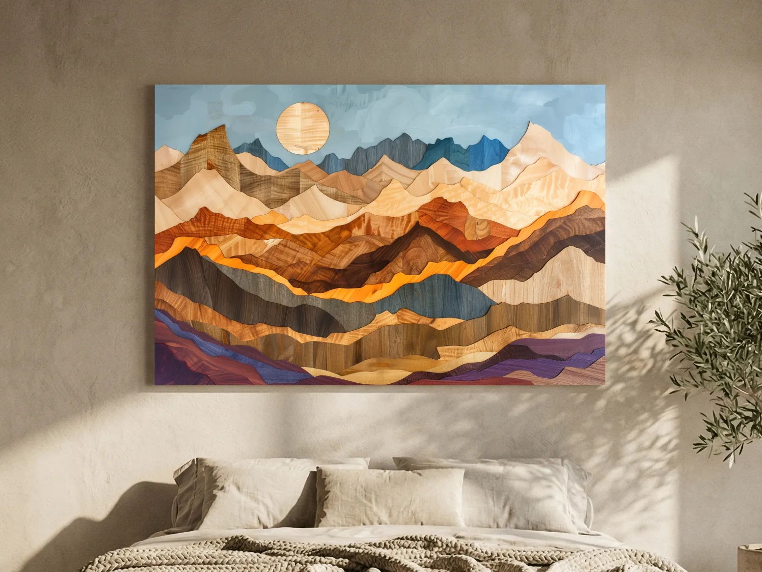 Layered Wooden Mountain Range - Intarsia Style Canvas Wall Art