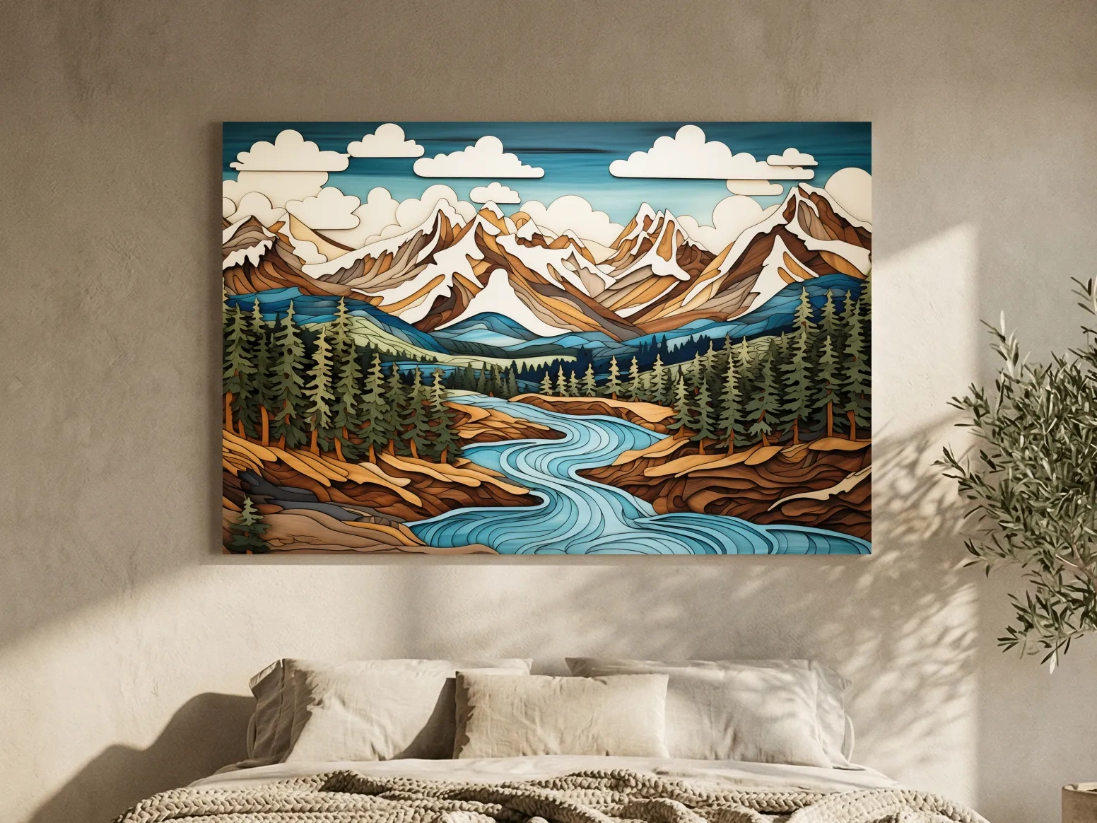 Intarsia Style Mountain River Landscape - Rustic Alpine Forest Artwork