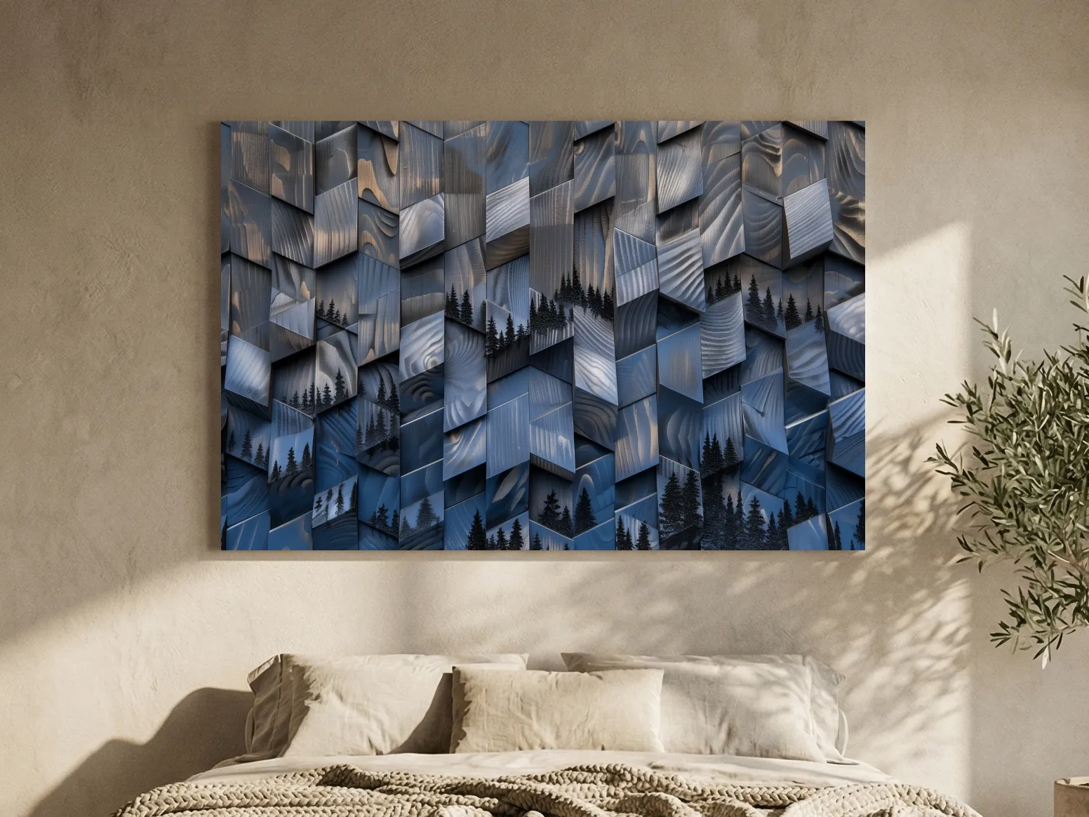 Wood Block Mountain Forest Collage - 3D Effect Abstract Landscape Wall Art