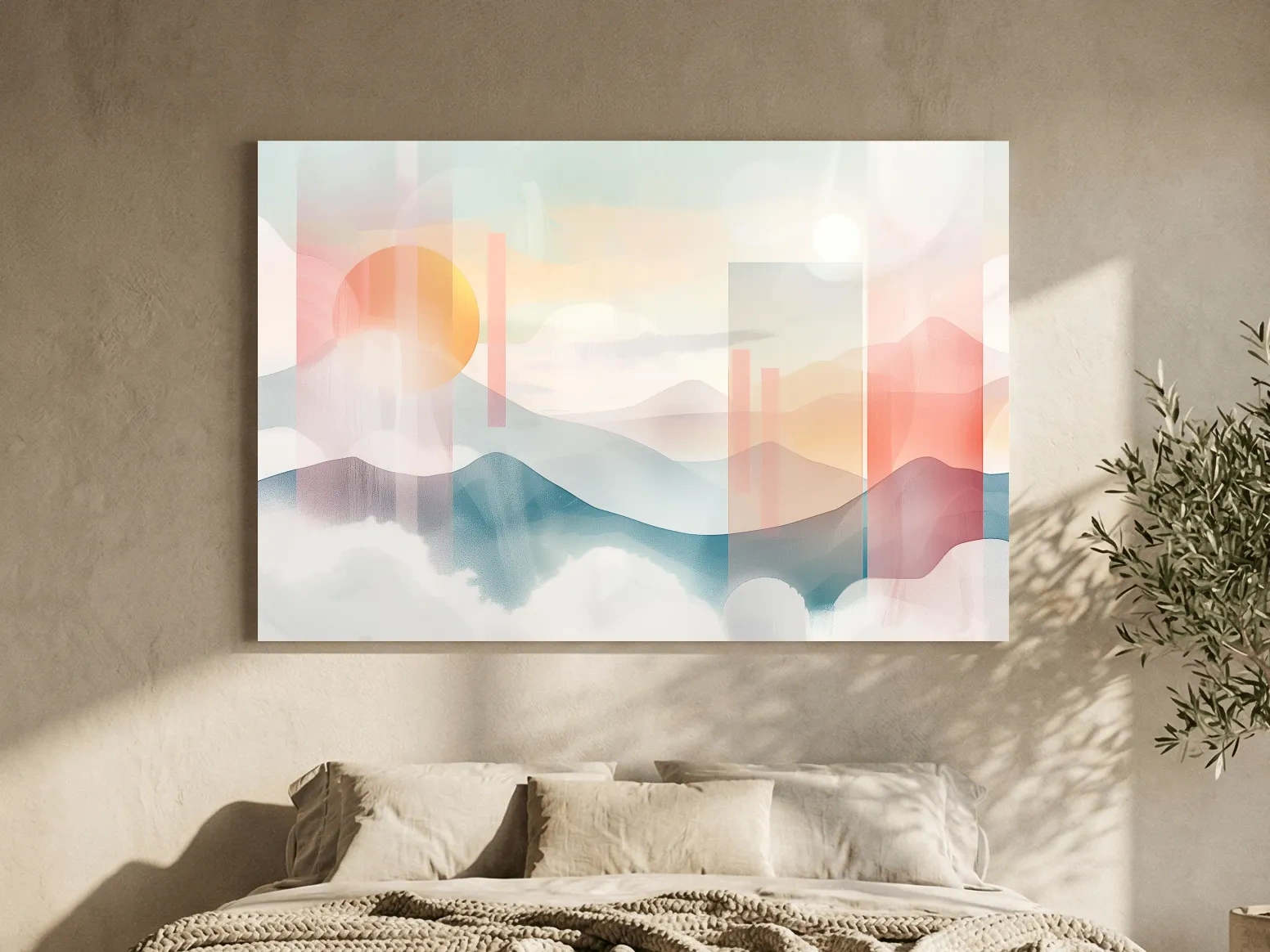 Abstract Pastel Mountain Sunrise Watercolor - Minimalist Geometric Wall Art