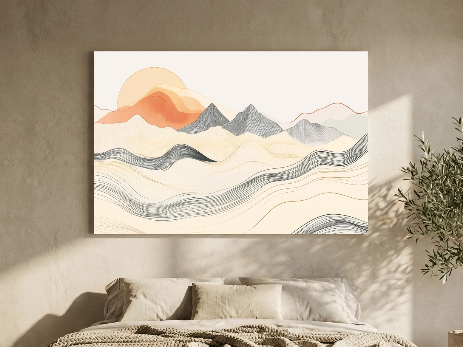 Minimalist Line Art Mountain Sunset - Abstract Landscape Wall Art