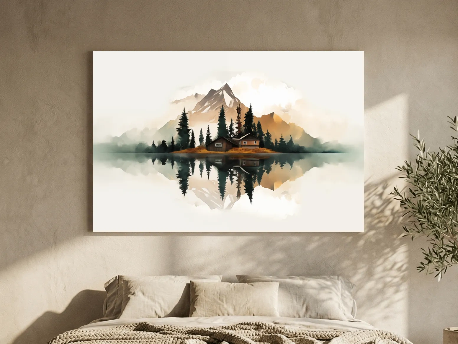 Minimalist Mountain Cabin Lake Reflection - Misty Watercolor Landscape Wall Art