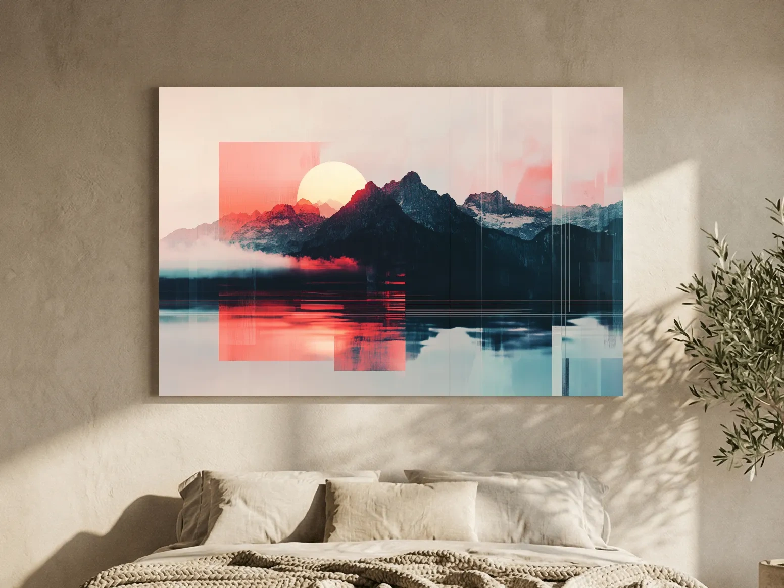 Abstract Alpine Mountain Sunset Reflection - Modern Geometric Glitch Wall Art