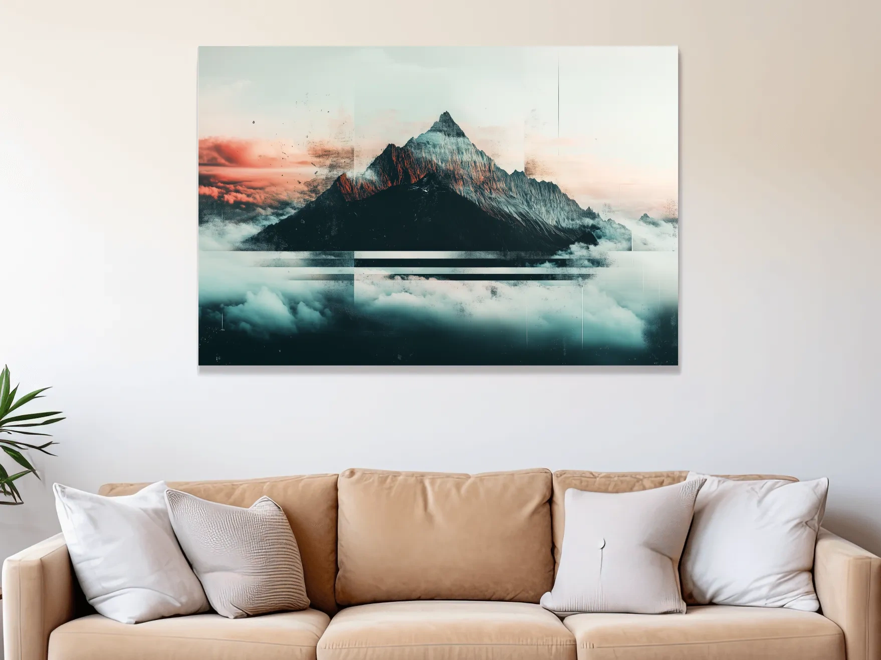 Abstract Sunset Alpine Peak Above Clouds - Glitch Style Mountain Wall Art