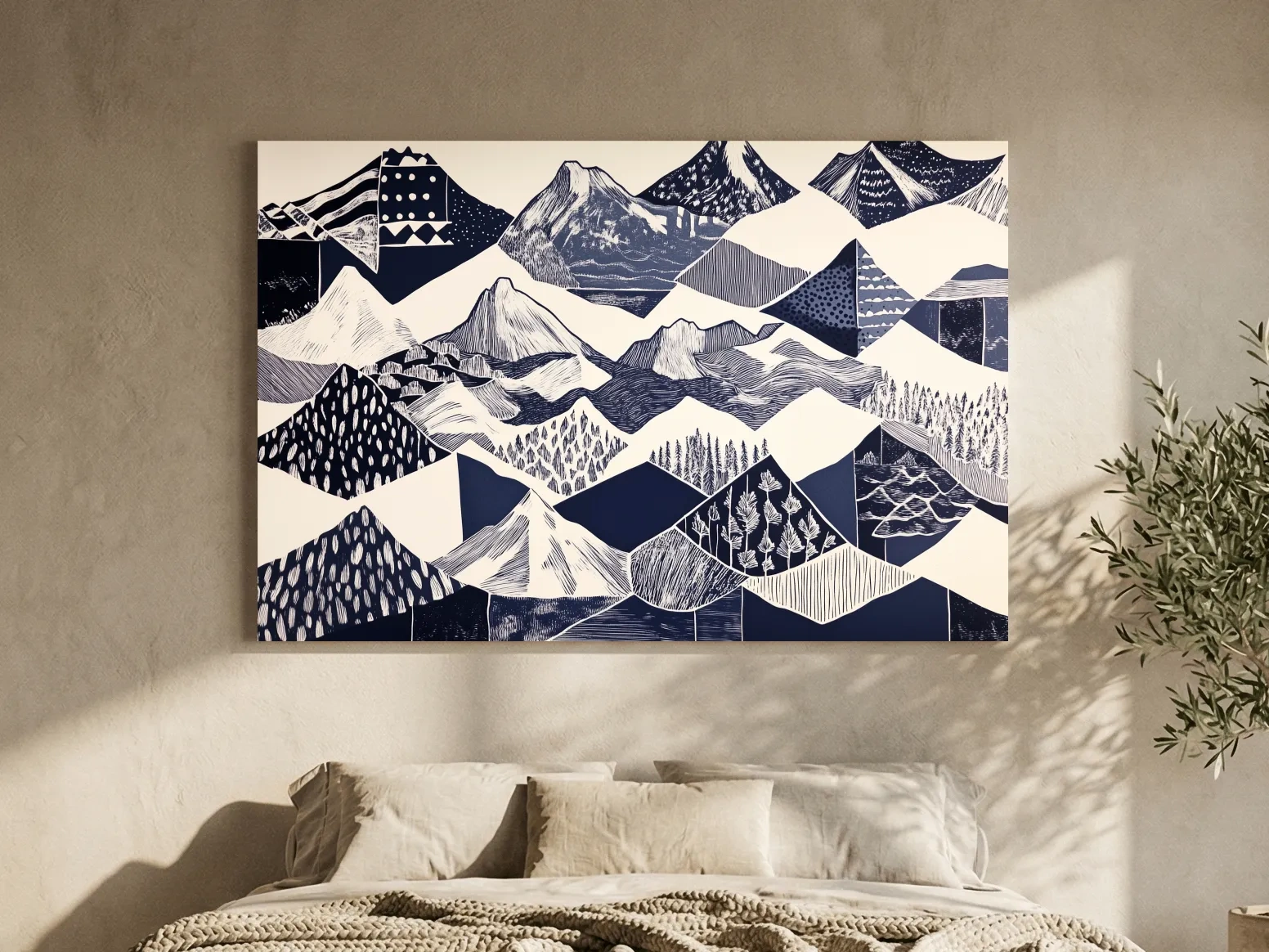 Linocut Patchwork Mountain Range Illustration - Modern Landscape Artwork
