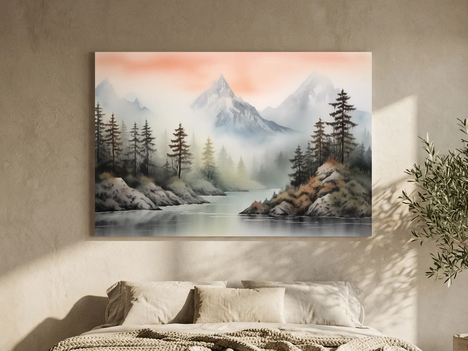 Misty Watercolor Mountain Lake Landscape - Serene Pine Forest Wall Art