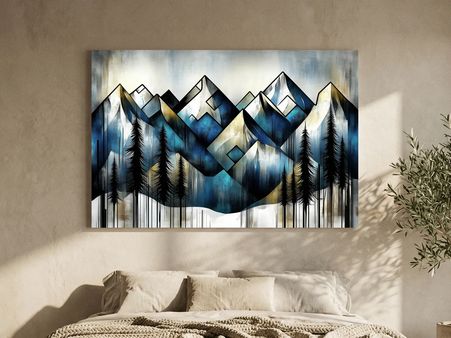 Geometric Mountain Peaks With Pine Trees - Modern Abstract Landscape Artwork