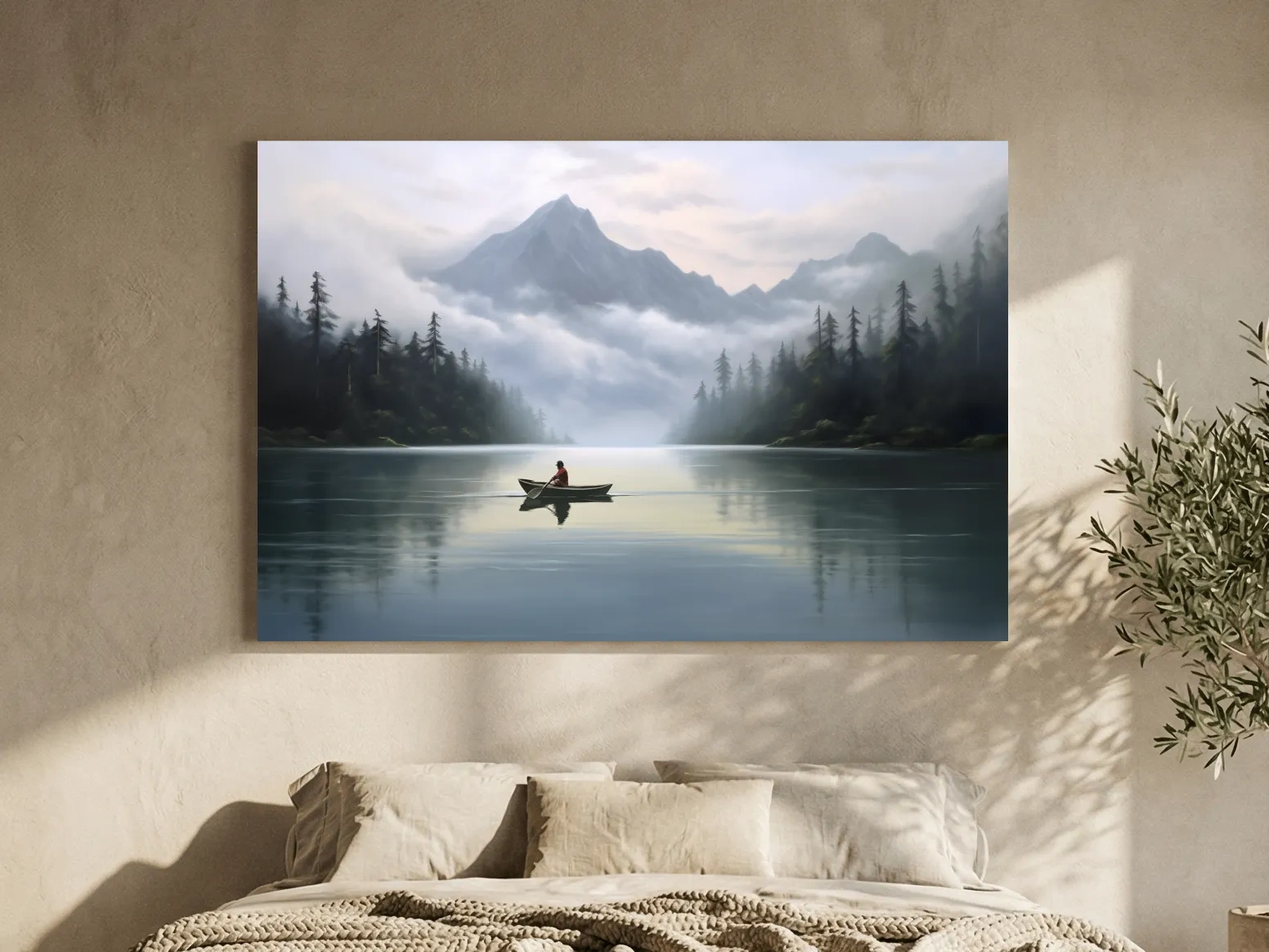 Misty Mountain Alpine Lake Canoe Scene - Serene Landscape Wall Art