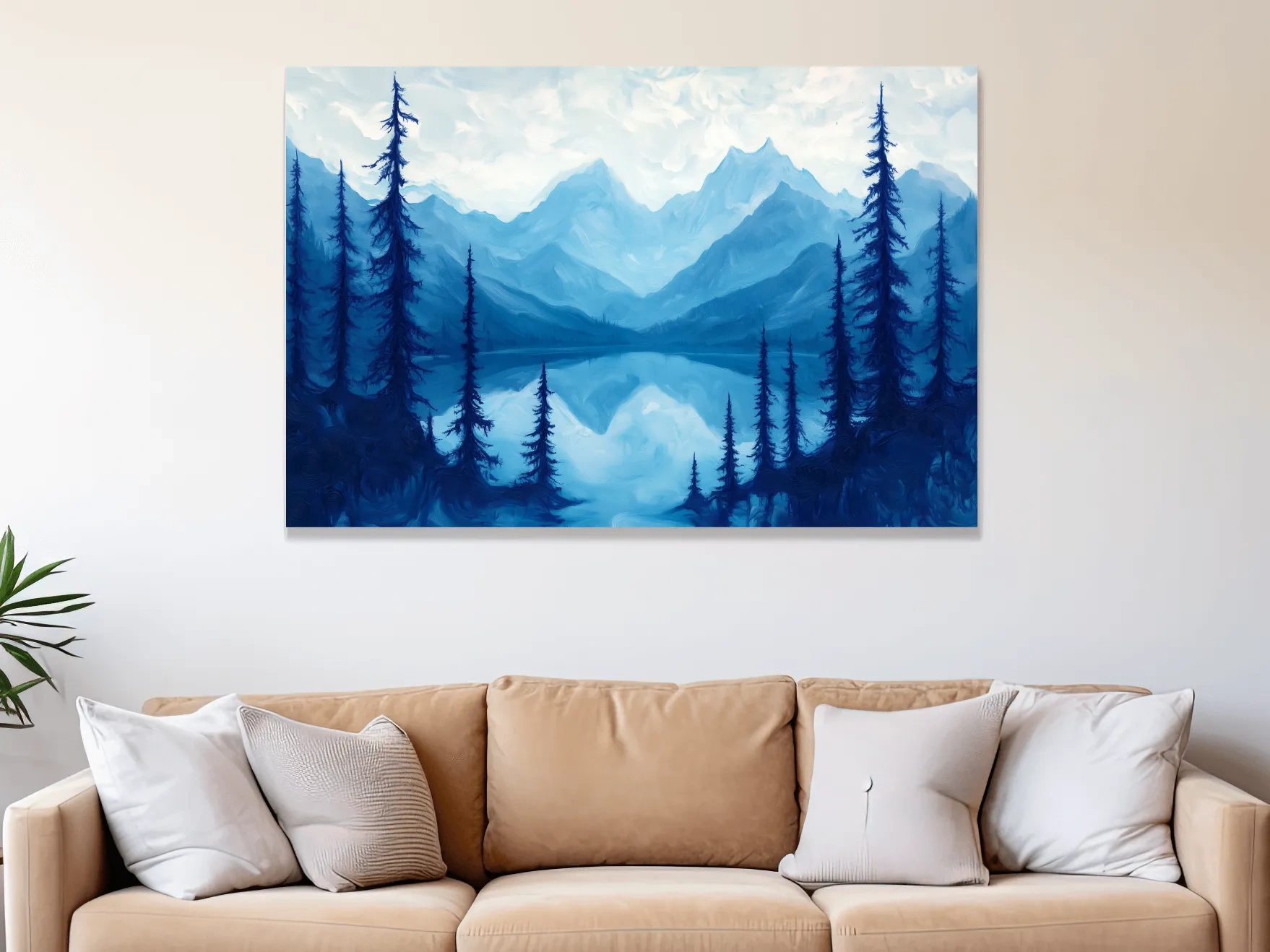 Serene Blue Mountain Lake Oil Painting - Alpine Forest Landscape Artwork