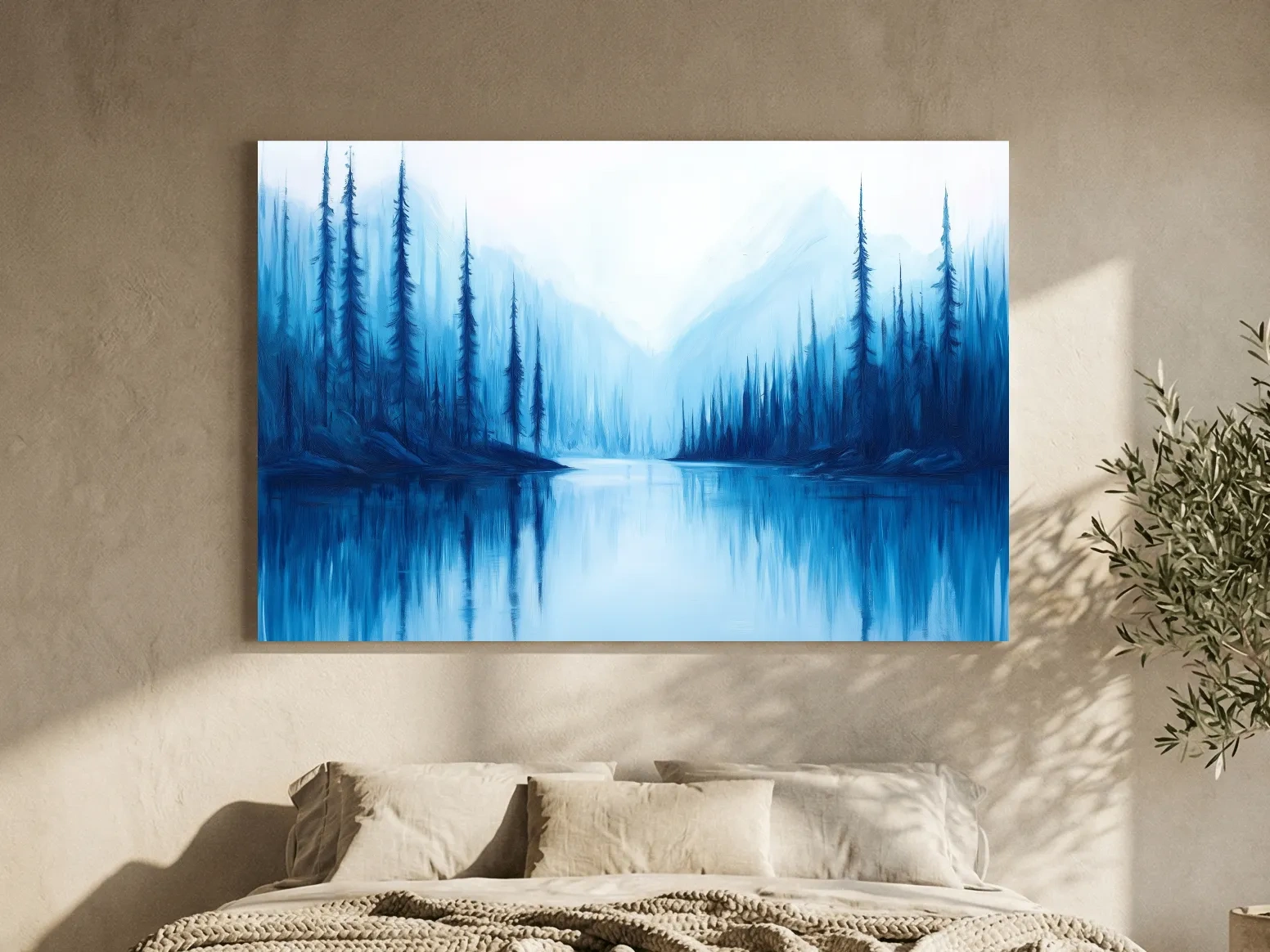 Misty Blue Alpine Lake & Pine Forest - Impressionist Landscape Painting Artwork
