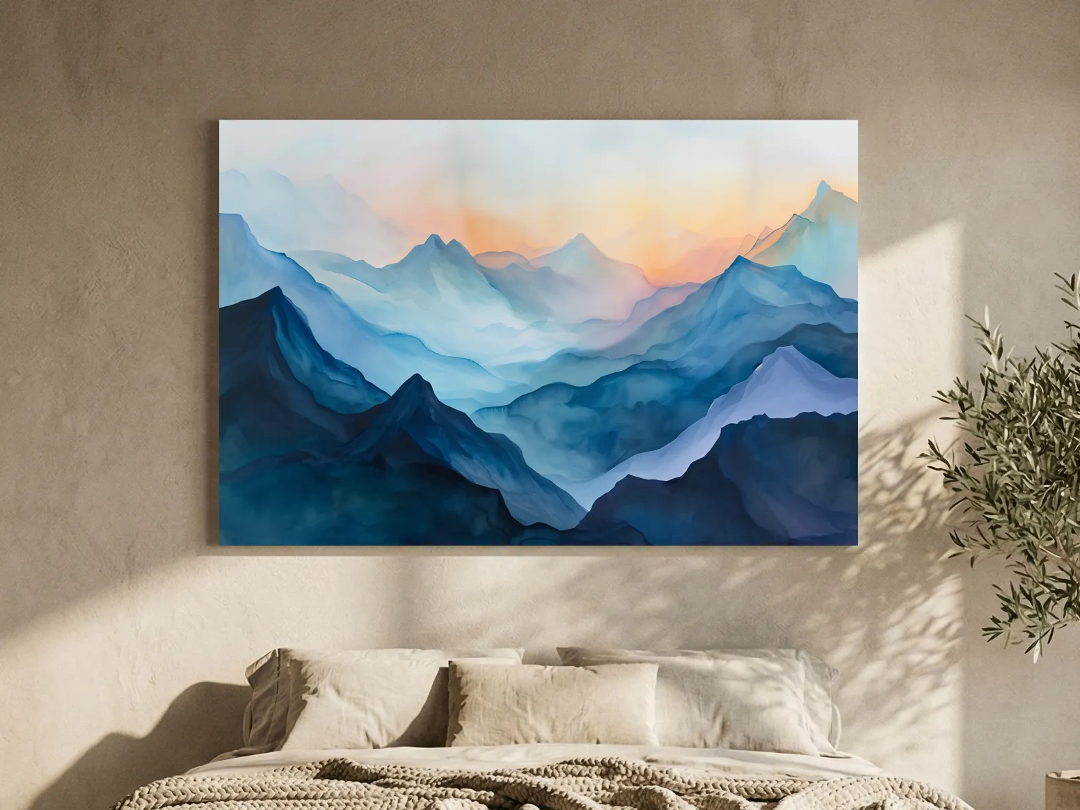 Misty Sunrise Watercolor Mountain Range - Serene Abstract Landscape Wall Art