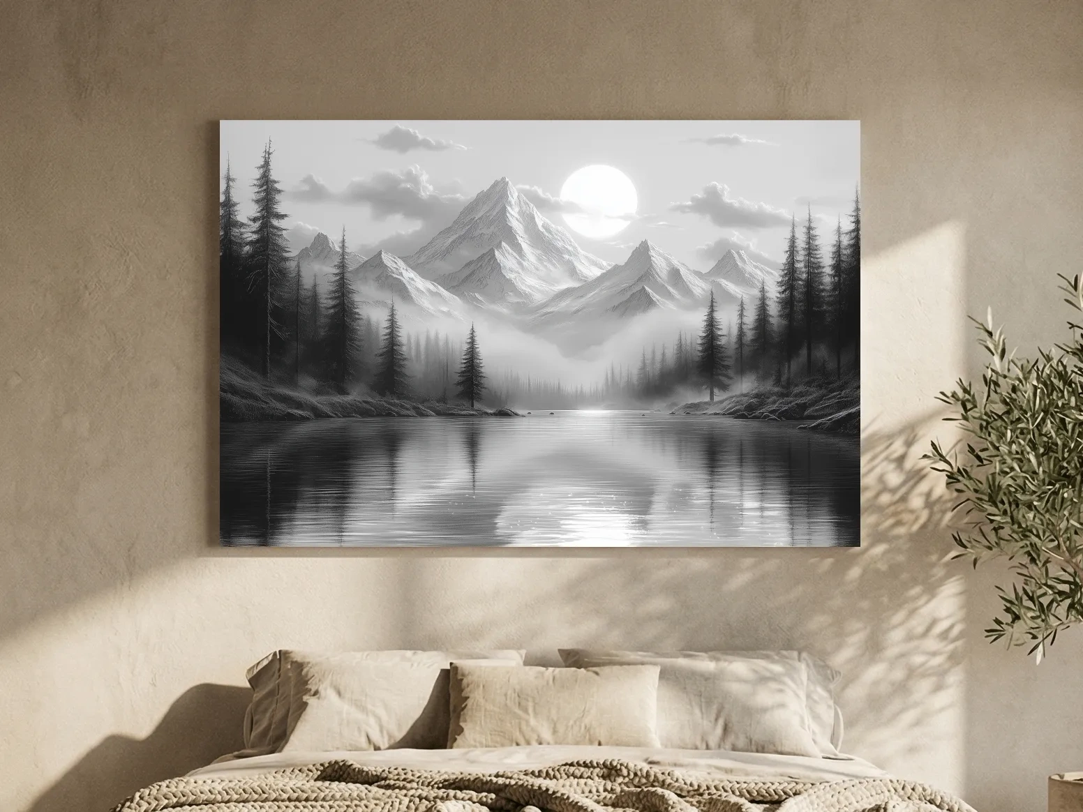 Monochrome Misty Alpine Lake Landscape - Mountain Forest Wall Art