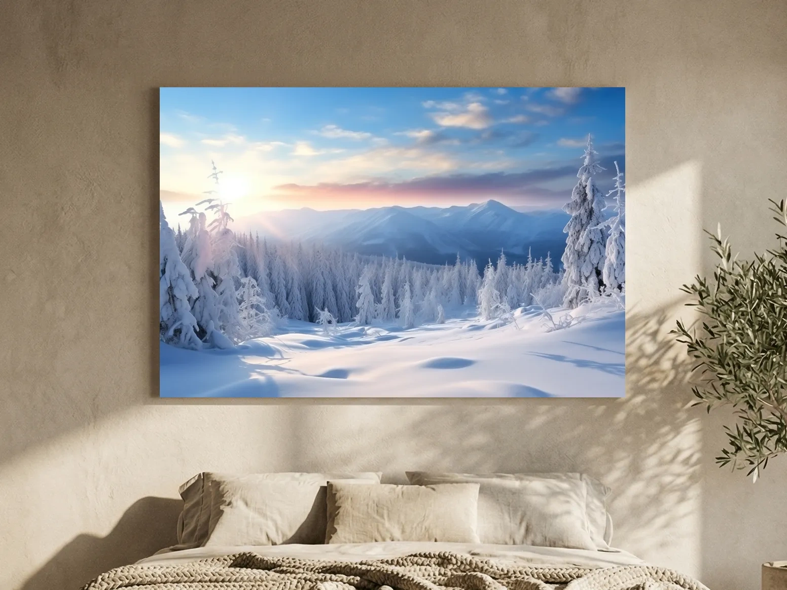 Serene Winter Mountain Sunrise Artwork - Snowy Pine Forest Photographic Wall Art