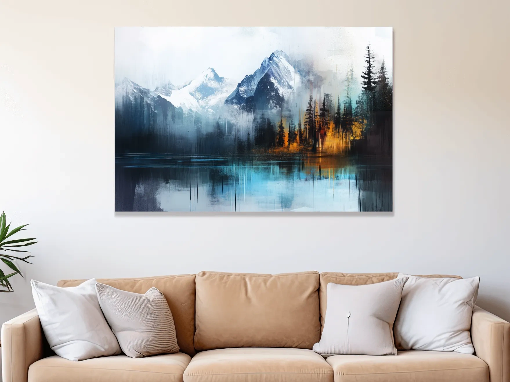 Misty Mountain & Lake Reflection - Abstract Painting Pine Forest Wall Art