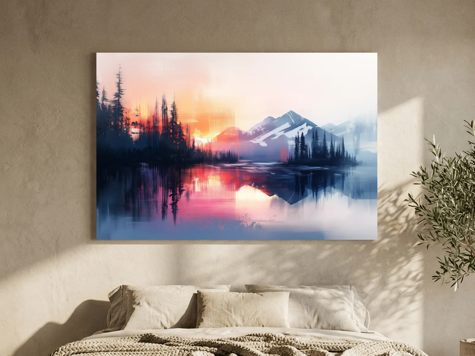 Vibrant Sunset Alpine Mountain Lake Reflection - Abstract Watercolor Forest Wall Art
