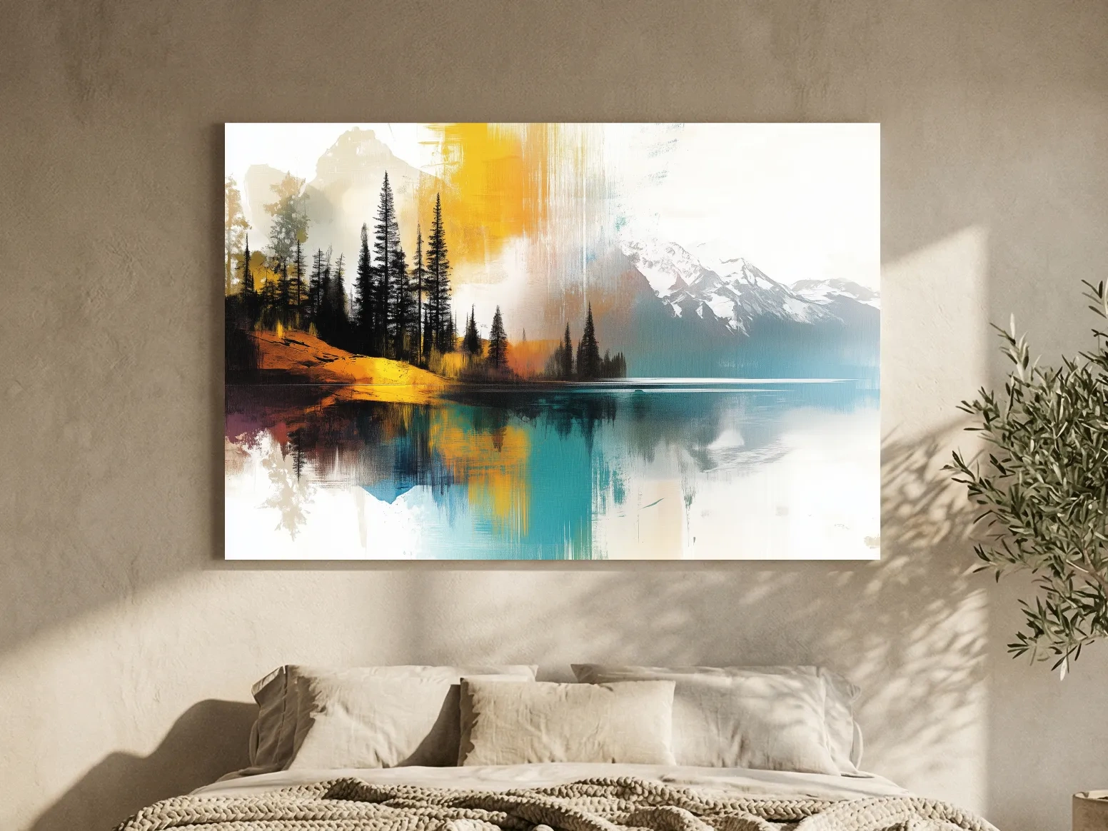 Colorful Abstract Mountain Lake Reflection Painting - Forest Landscape Wall Art