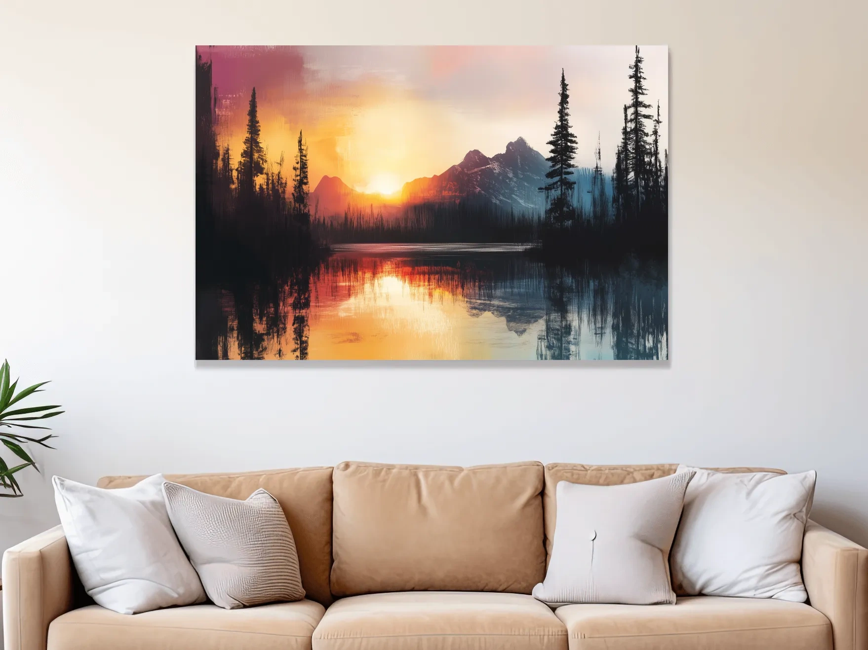 Sunset Mountain Lake Reflection Painting - Dramatic Pine Forest Landscape Wall Art