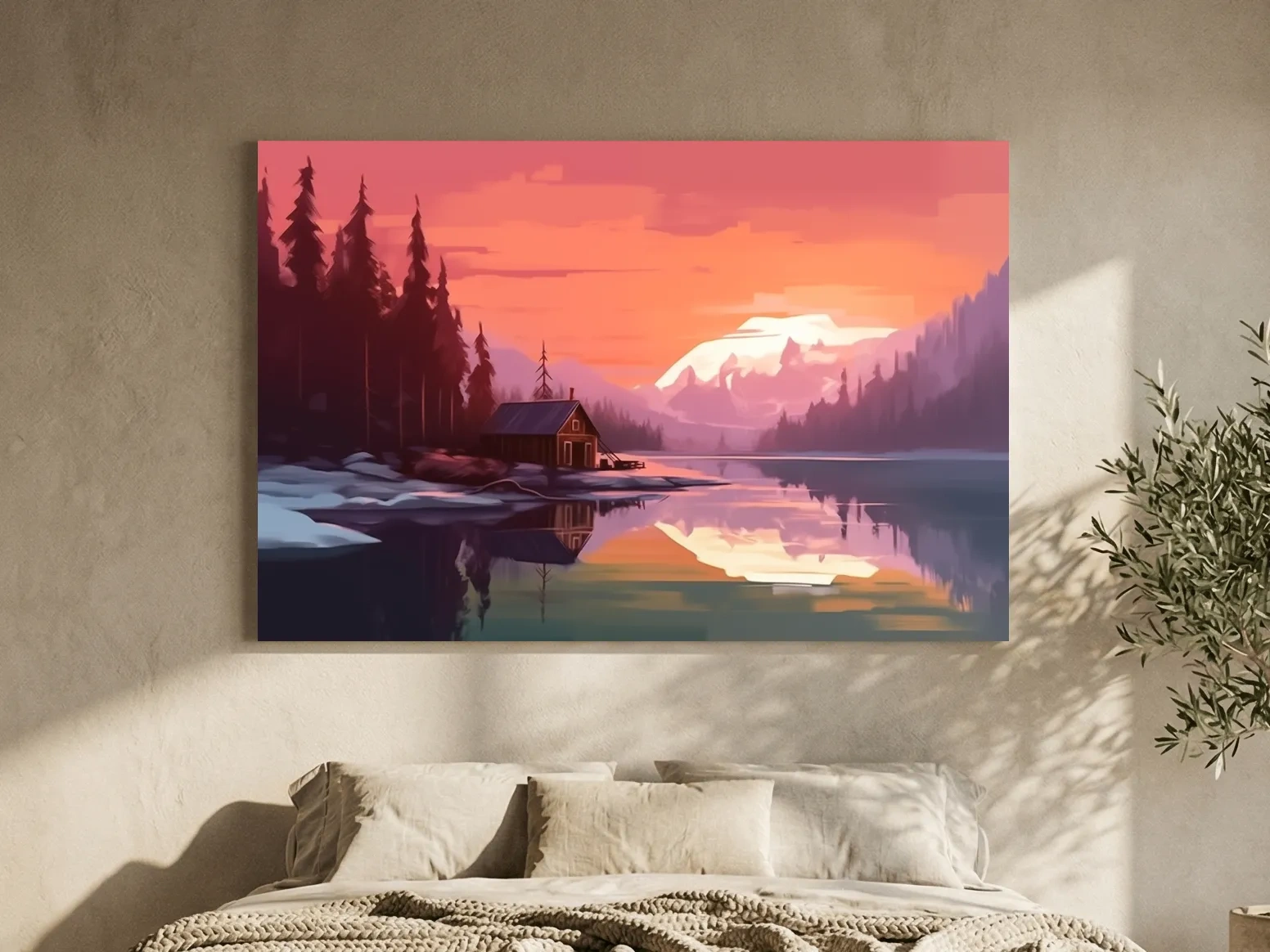 Sunset Mountain Lake Cabin Painting - Serene Alpine Landscape Wall Art