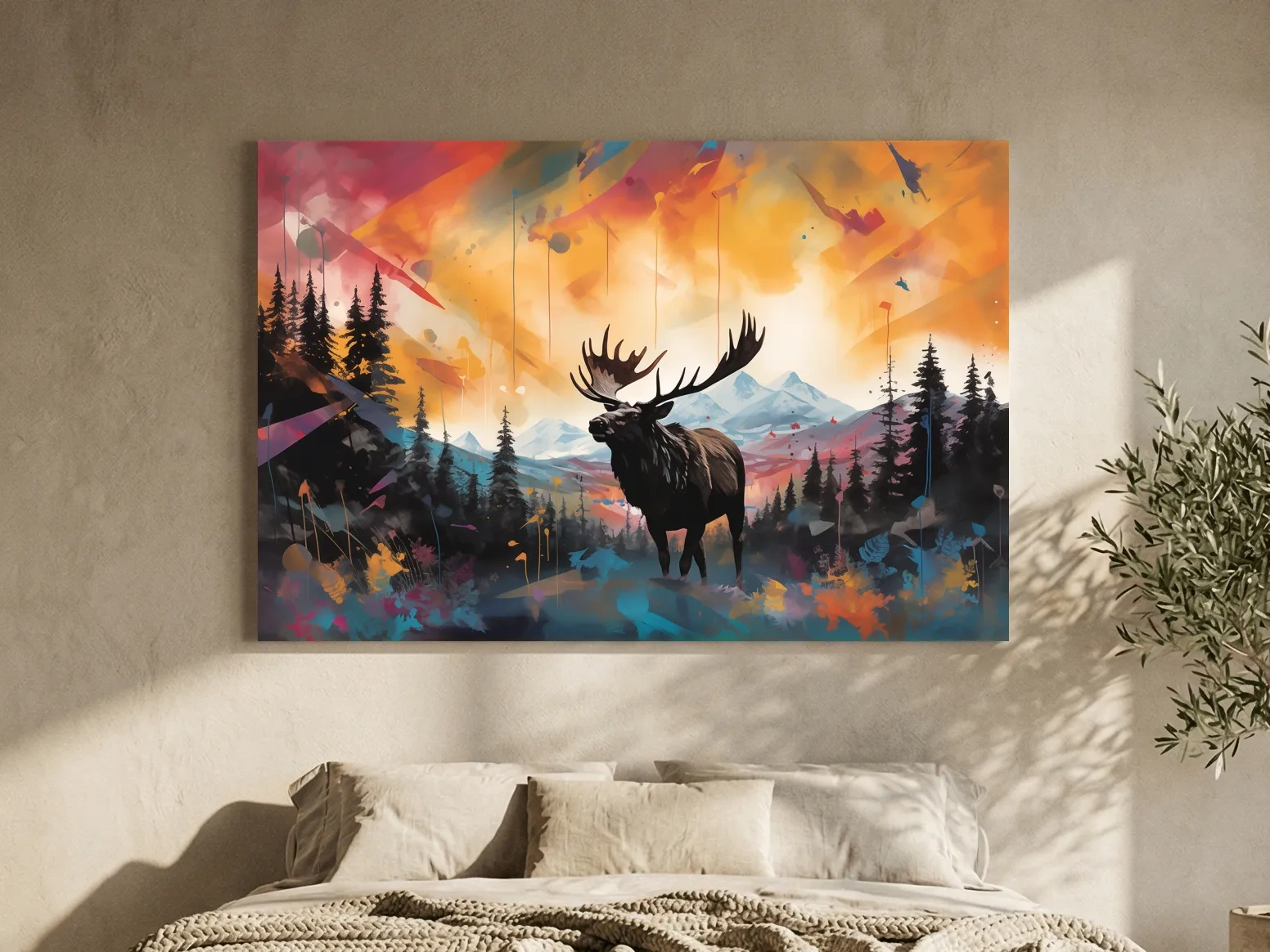 Vibrant Abstract Moose Mountain Painting - Colorful Wildlife Wall Art