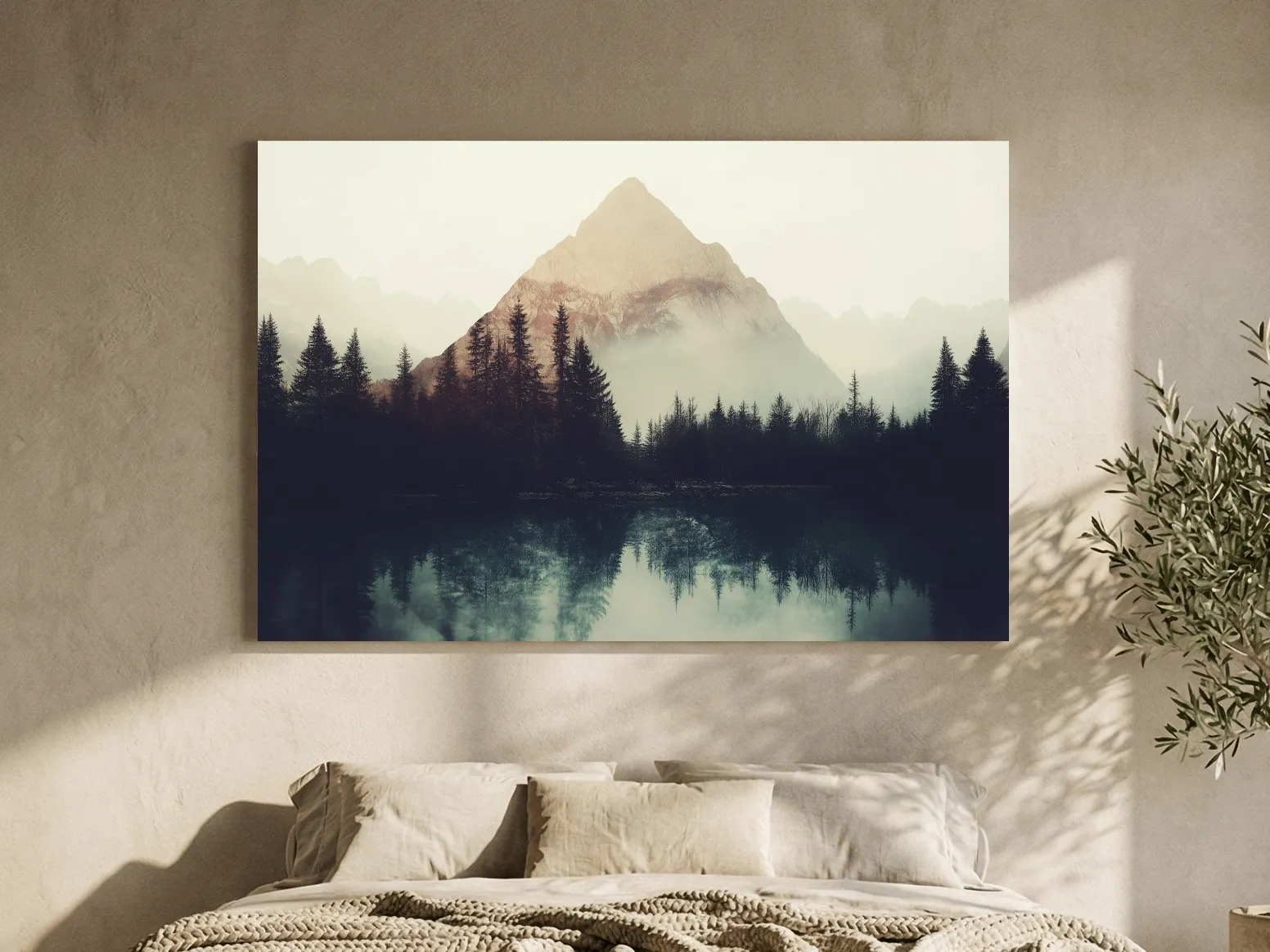 Misty Pine Forest Silhouette Lake Reflection - Moody Mountain Wall Art