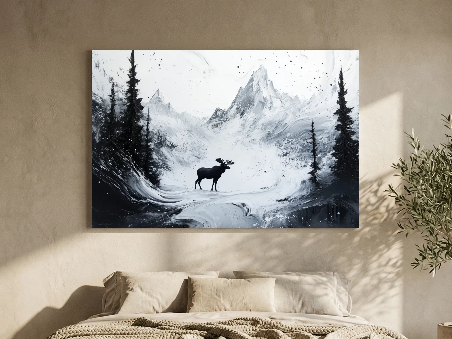 Moody Monochrome Moose Alpine Meadows - Abstract Ink Wash Wildlife Wall Art