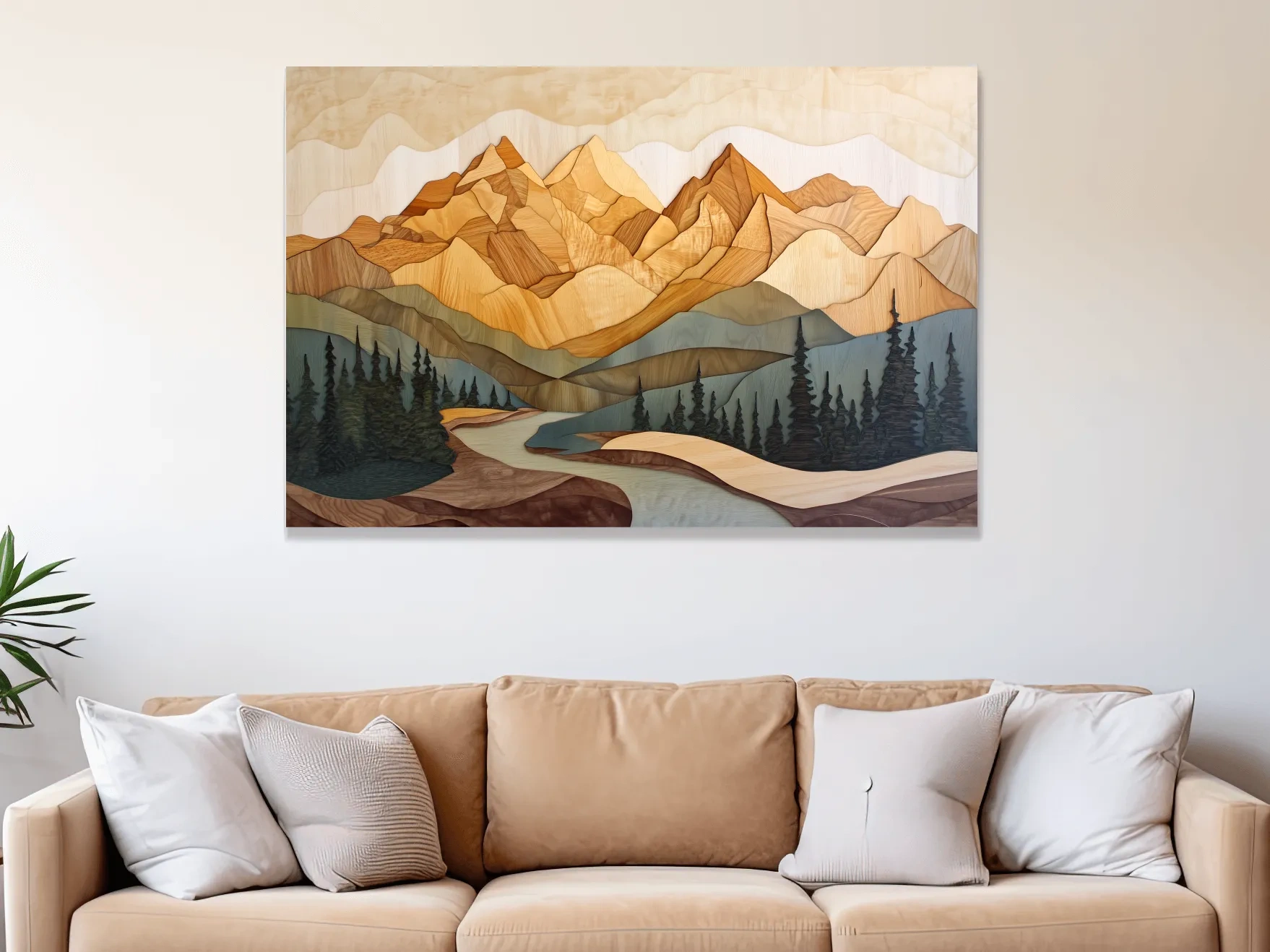 Alpine forest mountain artwork, 3d layered wood intarsia style art