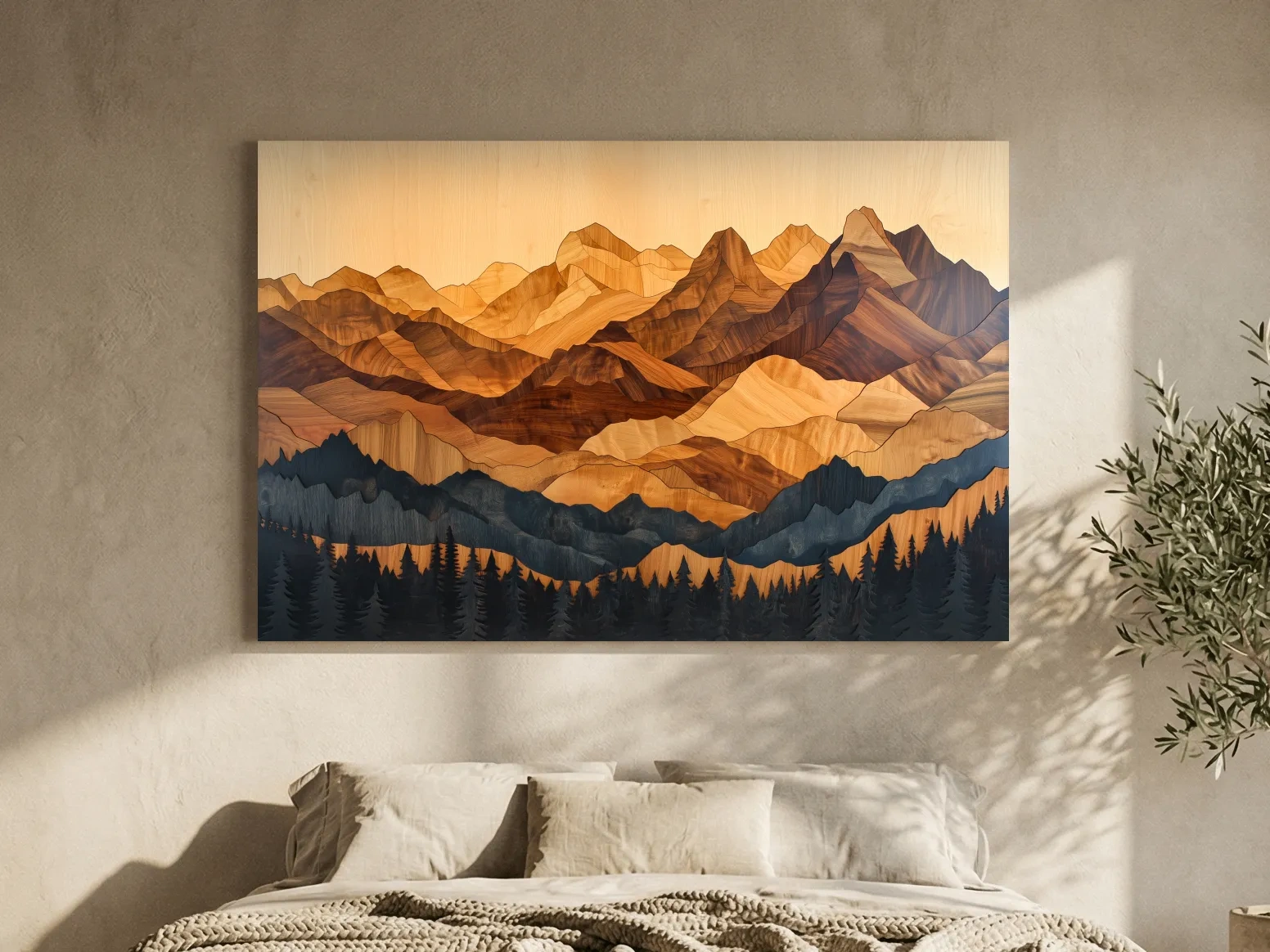 Layered Woodcut Intarsia Mountain Range Landscape - Peaks And Pine Forest Wall Art