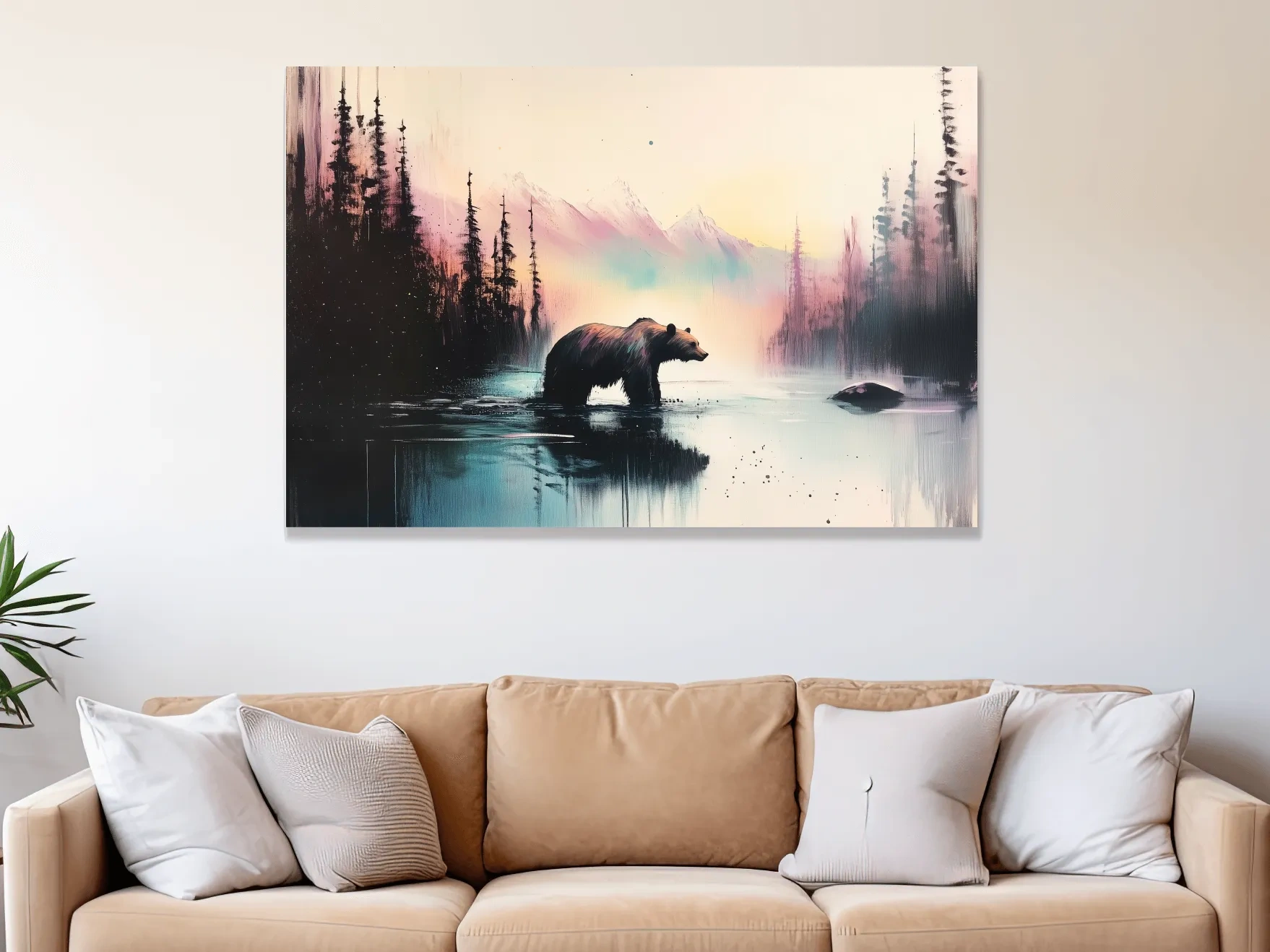 Moody Watercolor Grizzly Bear Lake Reflection - Misty Mountain Wilderness Wall Art