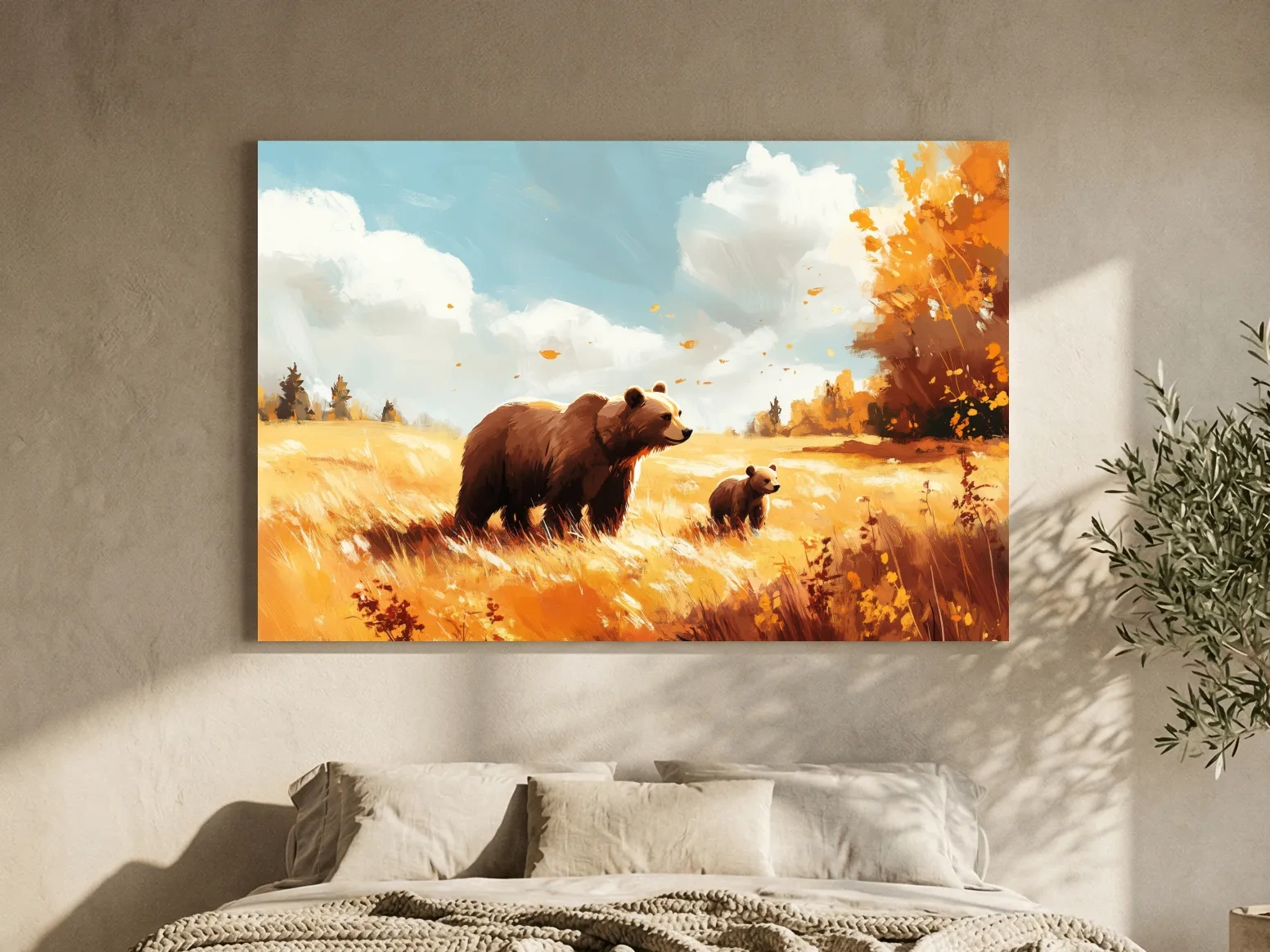 Autumn Grizzly Bear & Cub Painting - Warm Golden Wildlife Wall Art