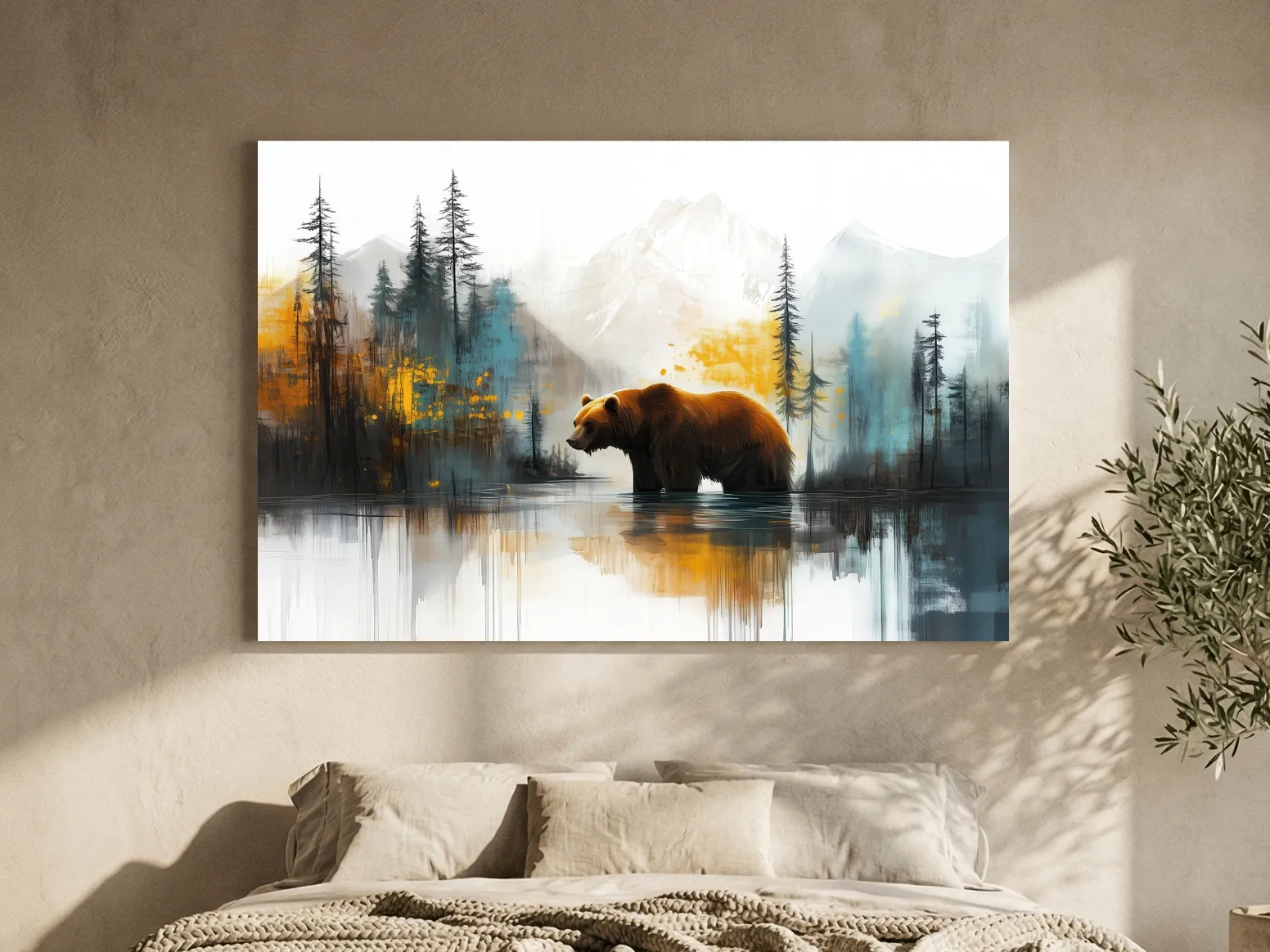 Grizzly Bear Lake Reflection - Misty Mountain Forest Watercolor Style Artwork