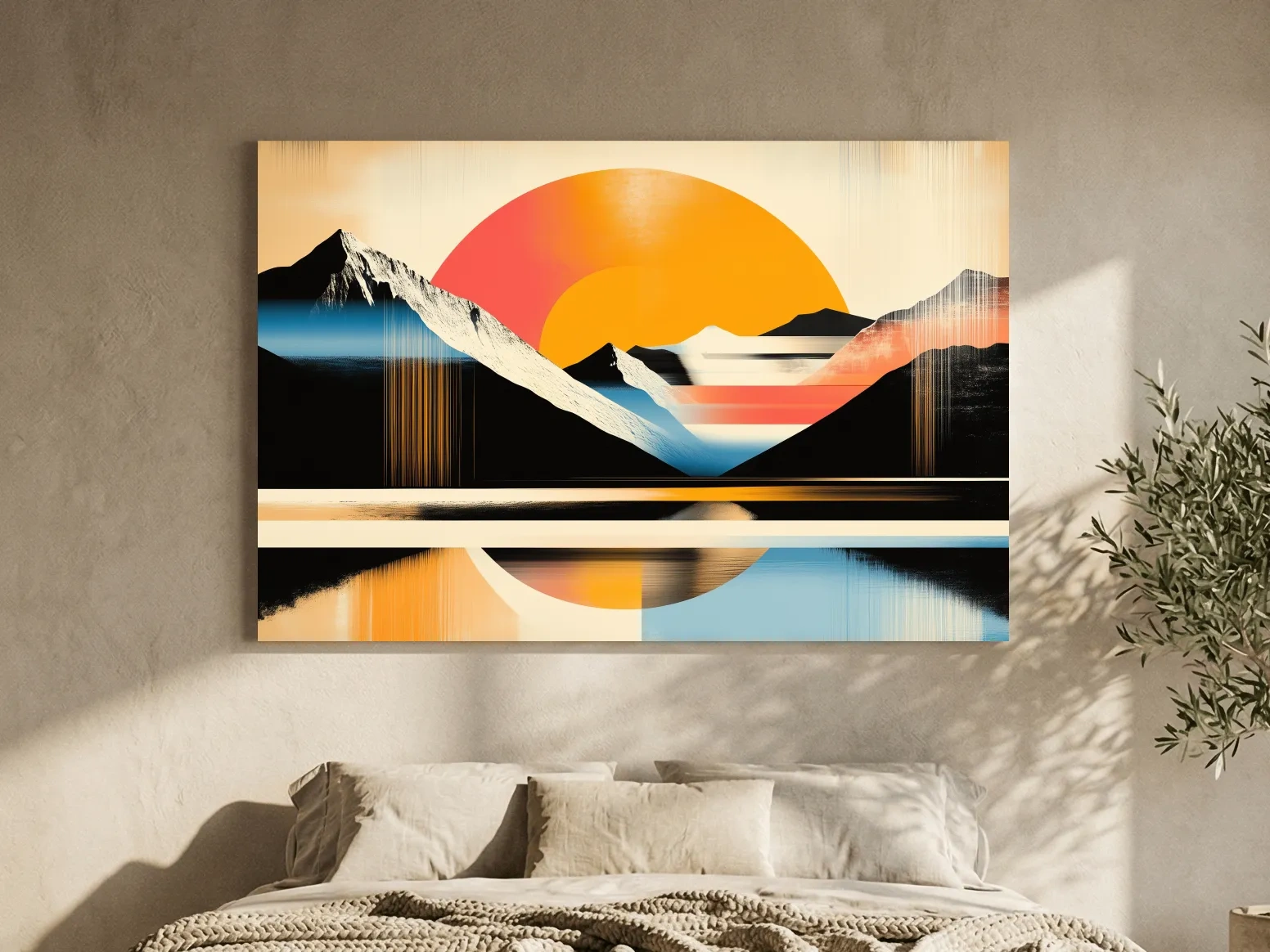 Retro Abstract Alpine Lake Sunset Artwork - Geometric Landscape Wall Art