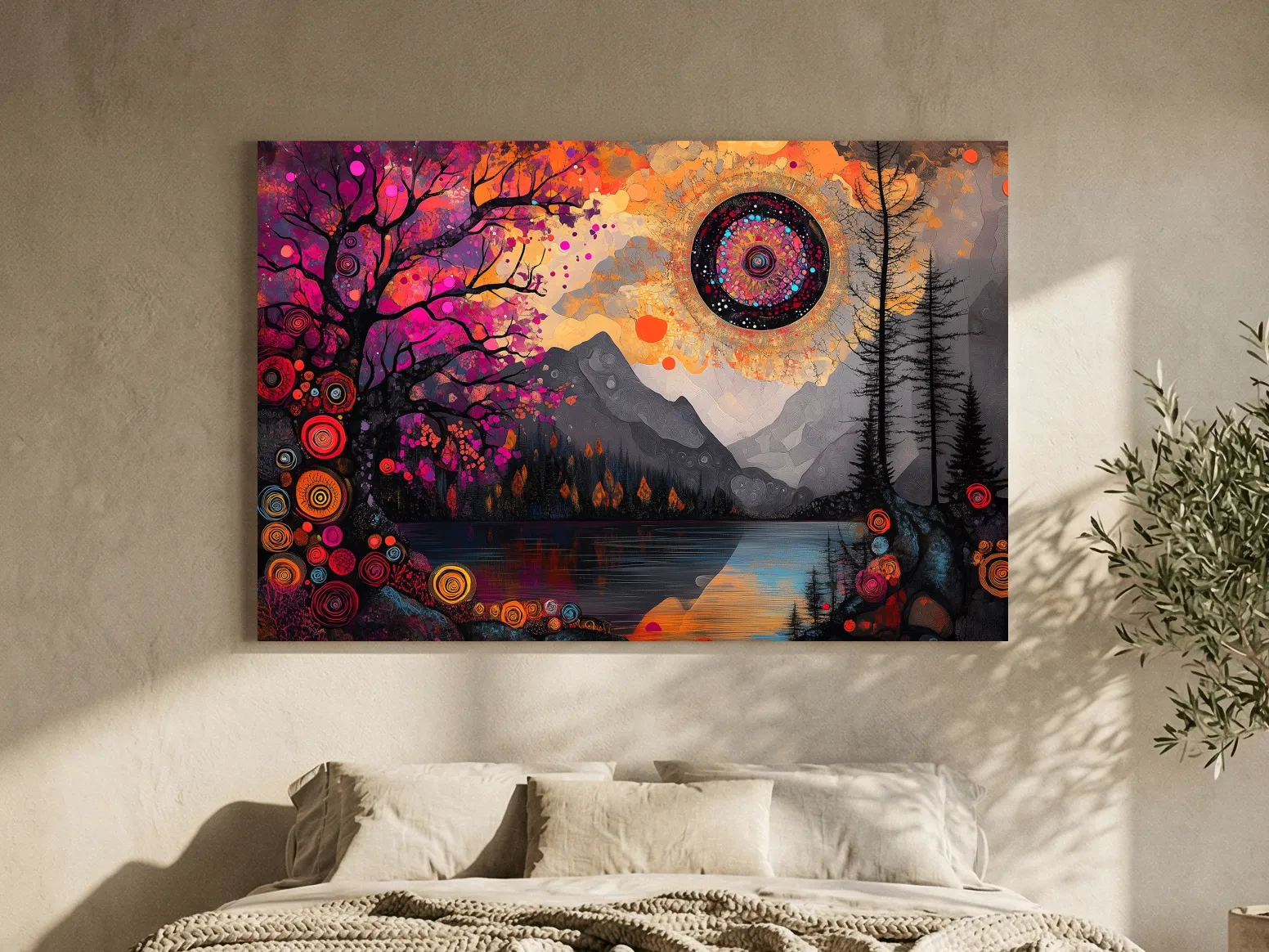 Psychedelic Mountain Lake Sunset Mandala - Vibrant Surreal Landscape Wall Art