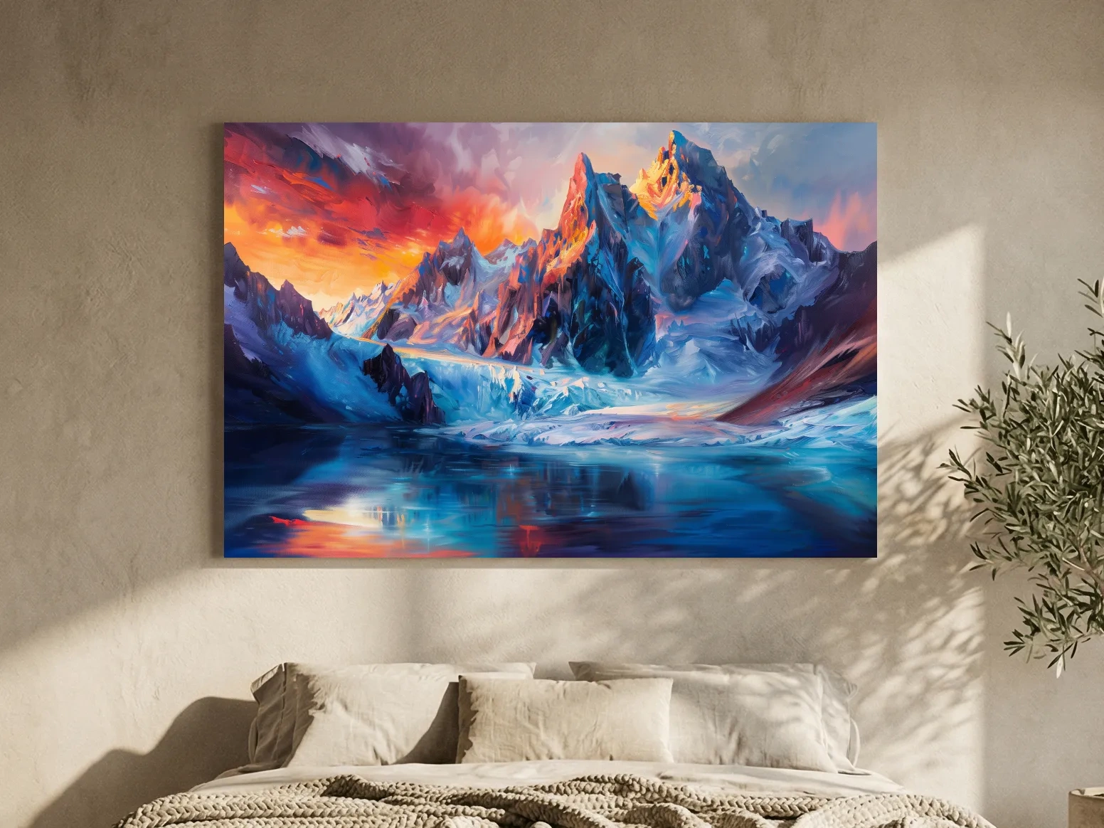 Vibrant Glacial Sunset Impressionism Painting - Dramatic Alpine Mountain Wall Art
