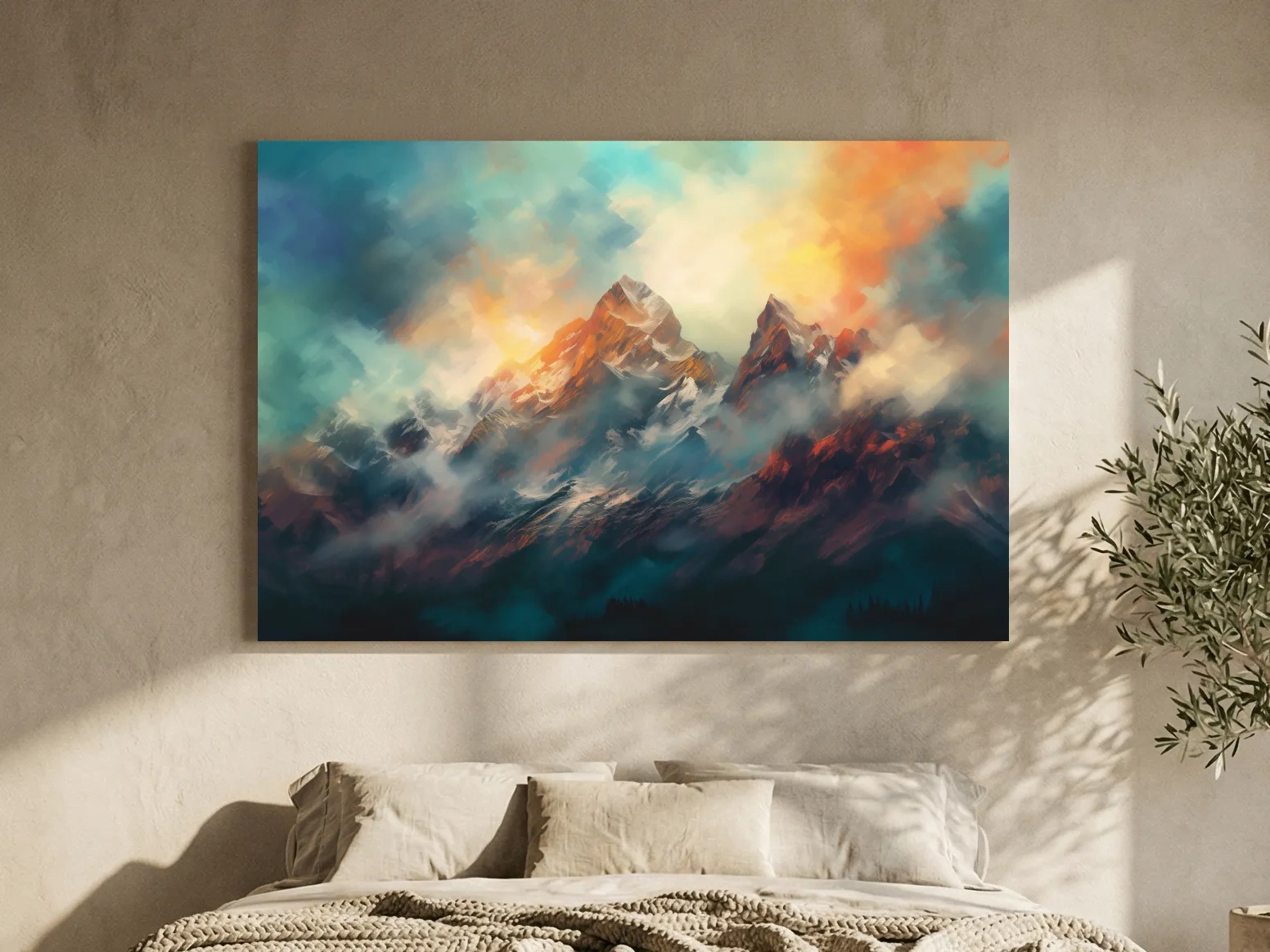 Abstract Sunrise Mountain Peaks Painting - Colorful Alpine Landscape Wall Art