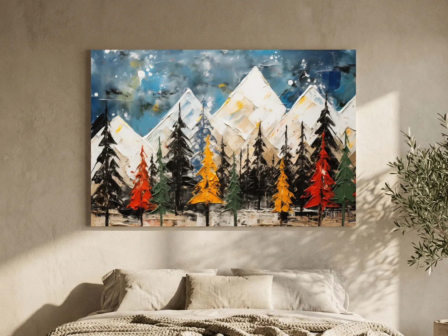 Textured Abstract Oil Painting Style Mountain Forest - Colorful Autumn Pines Landscape Wall Art