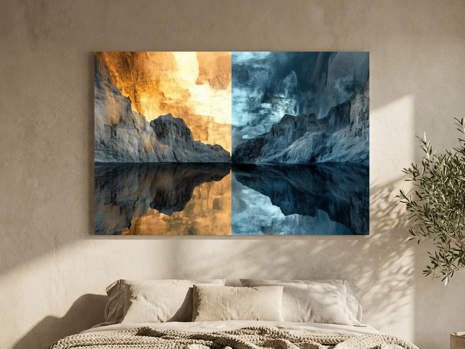 Split Tone Mountain Lake Reflection - Fiery Sunset Cool Twilight