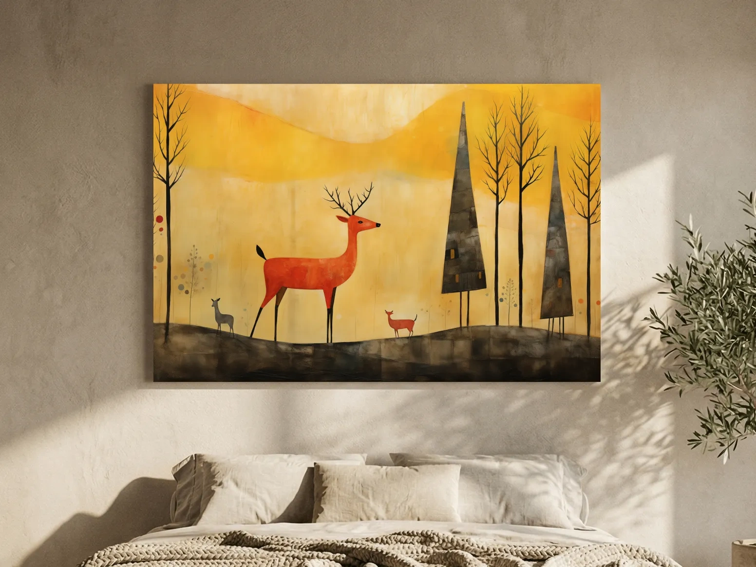 Whimsical Deer Forest Illustration - Autumn Woodland Landscape Wall Art