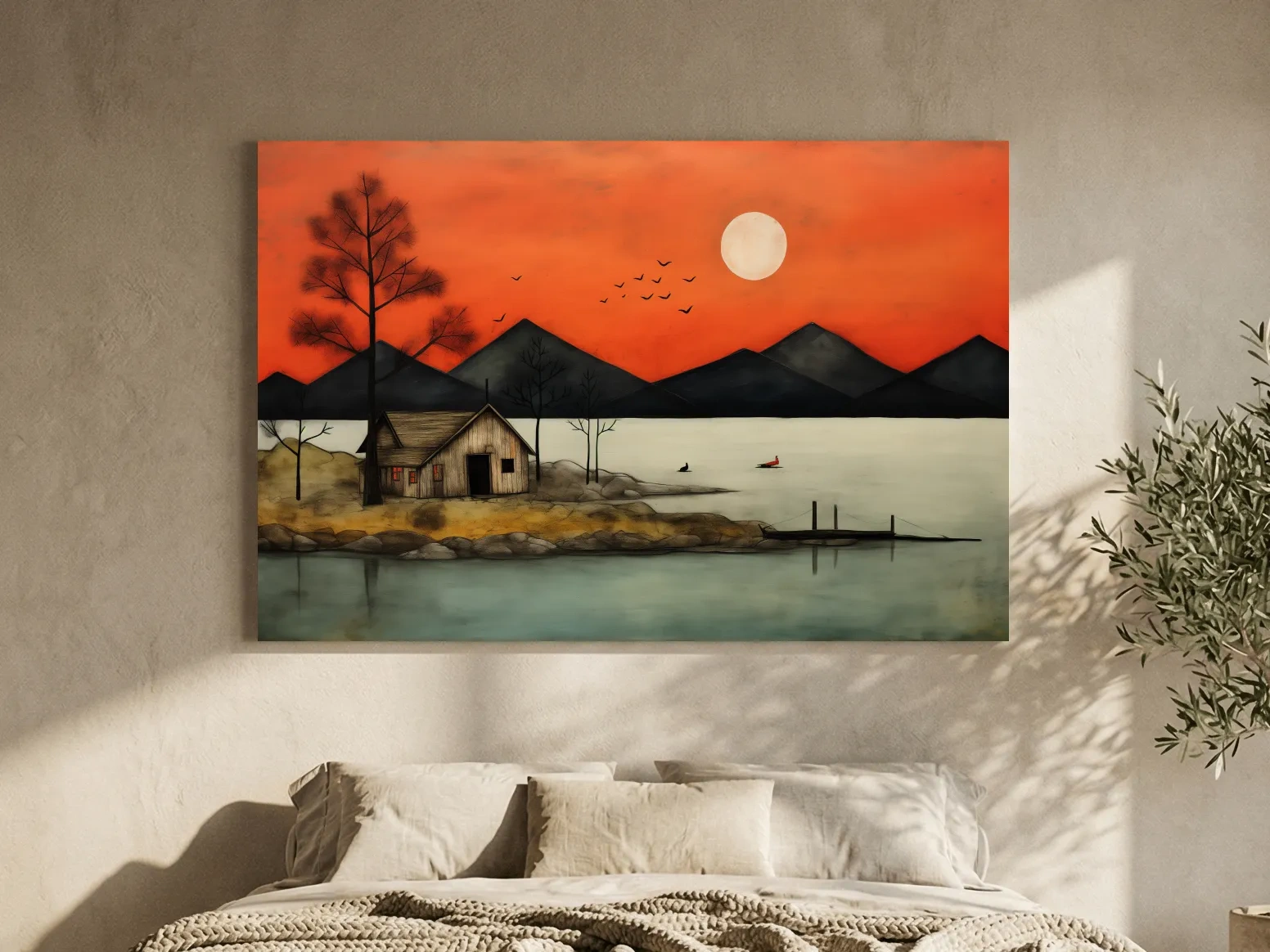 Rustic Lakeside Cabin Sunset Painting - Mountain Wall Art